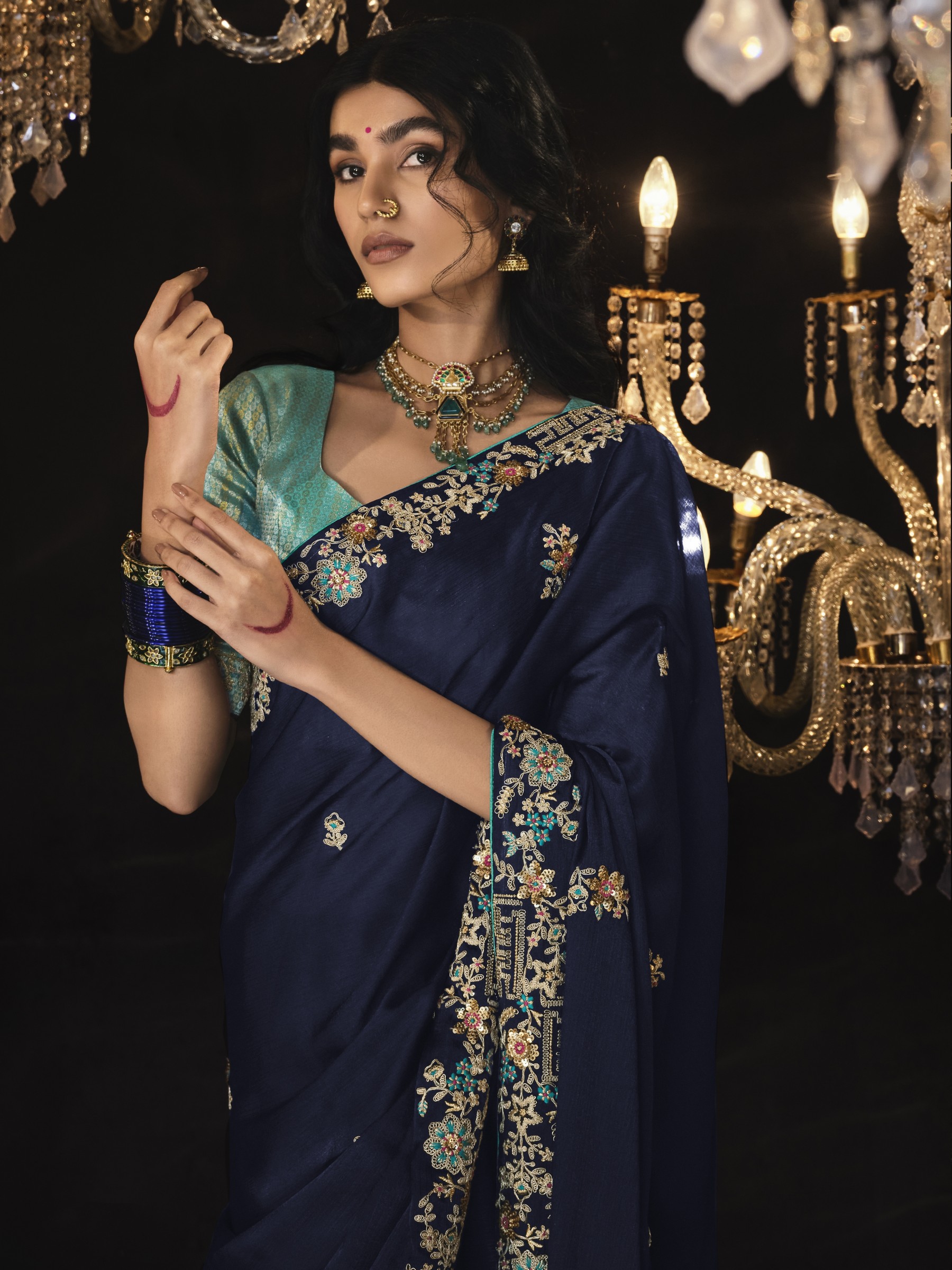 Fancy Silk  Party wear Saree Blue  Color With Embroidery Work