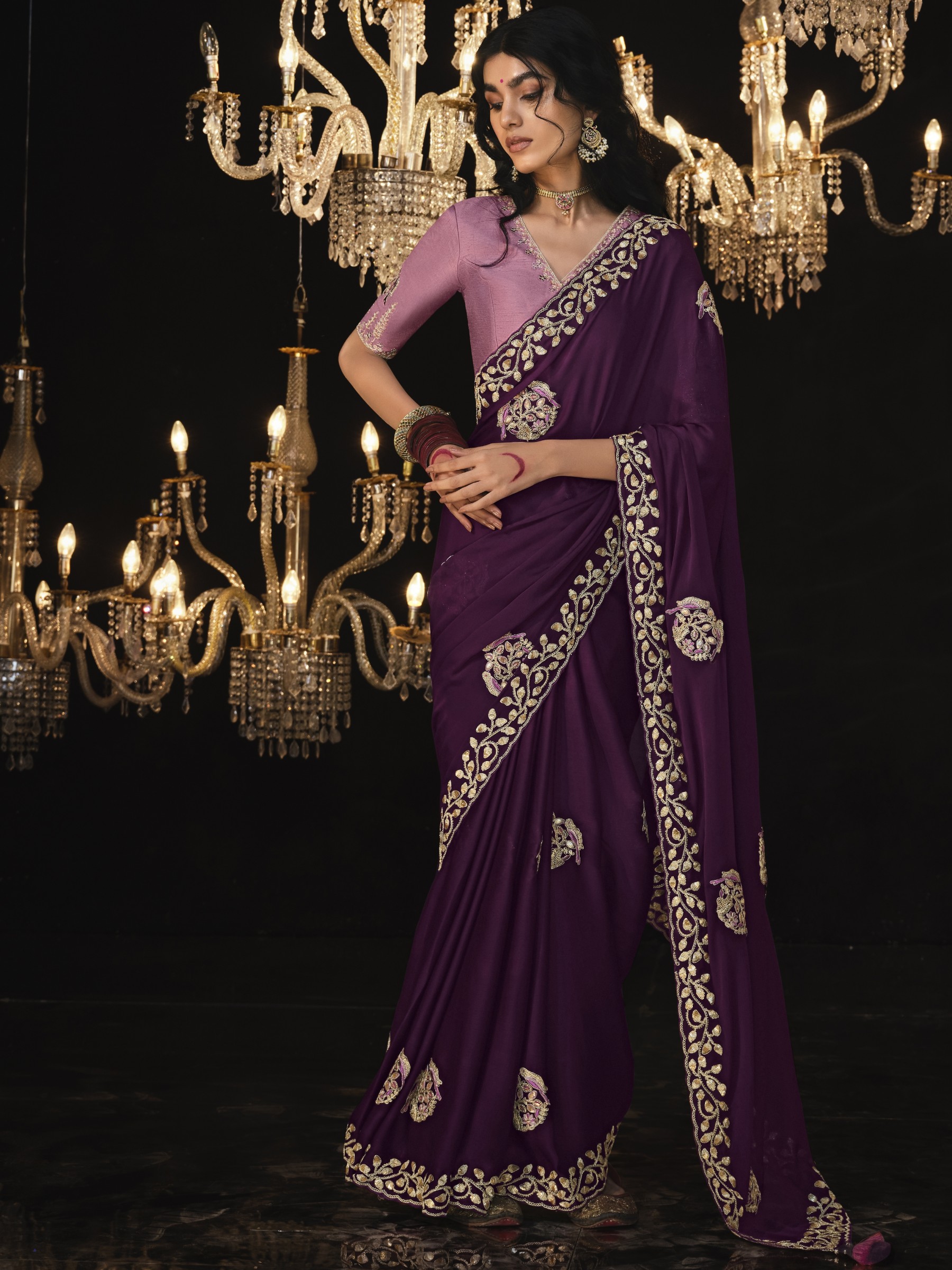 Fancy Silk  Party wear Saree Wine  Color With Embroidery Work