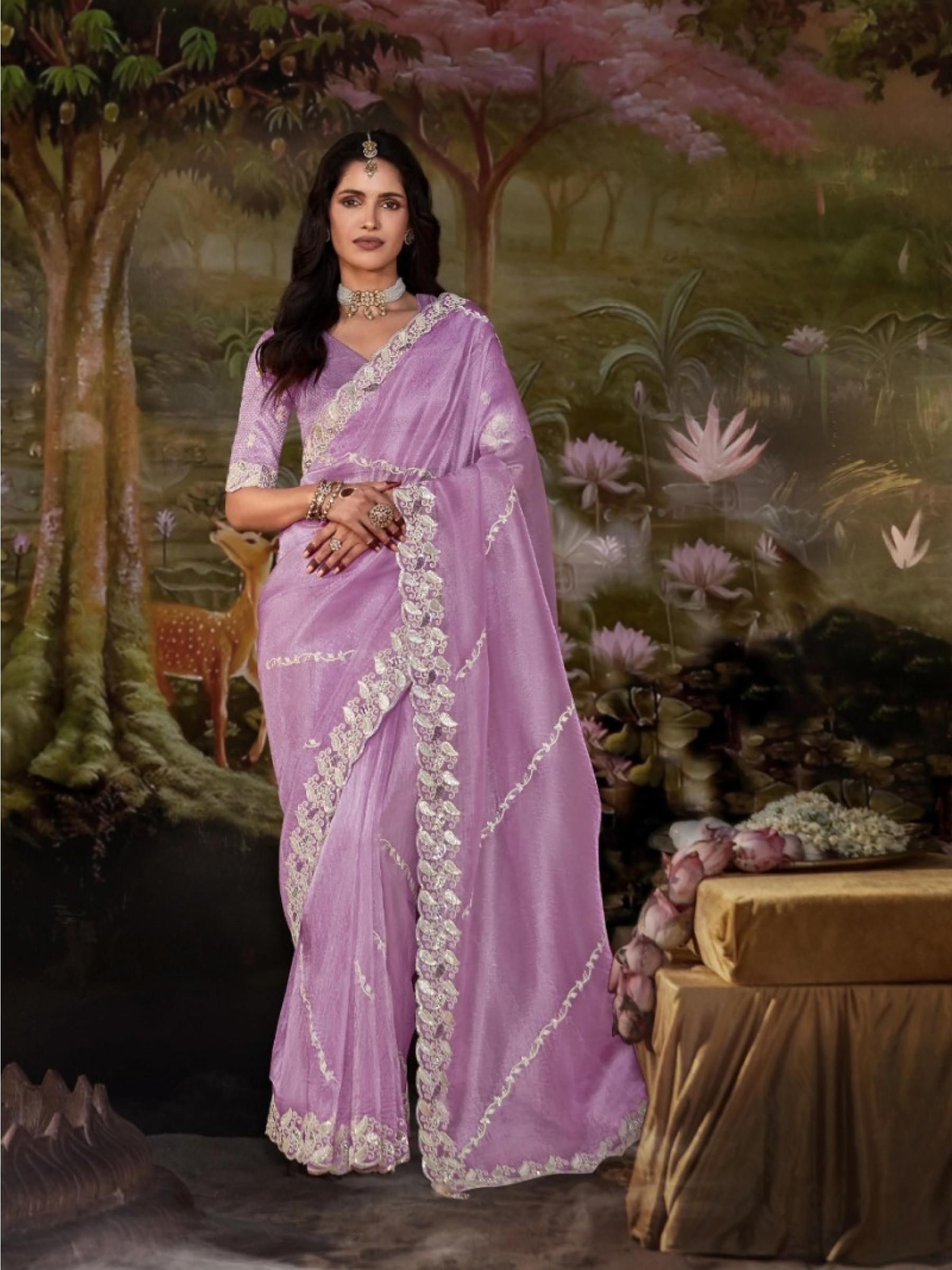 Fancy Silk  Party wear Saree Lavender Color With Embroidery Work