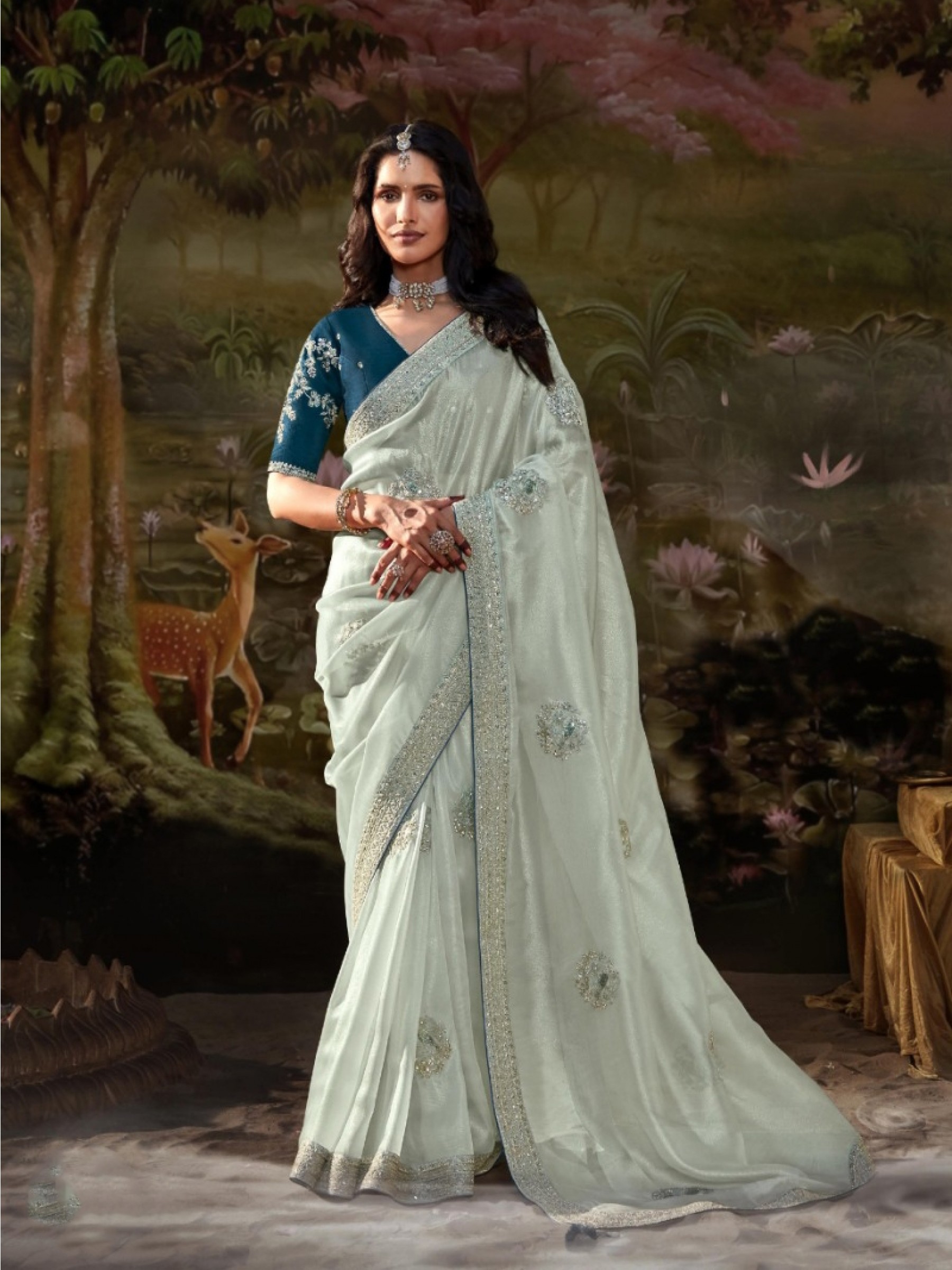 Fancy Silk  Party wear Saree Light Grey Color With Embroidery Work