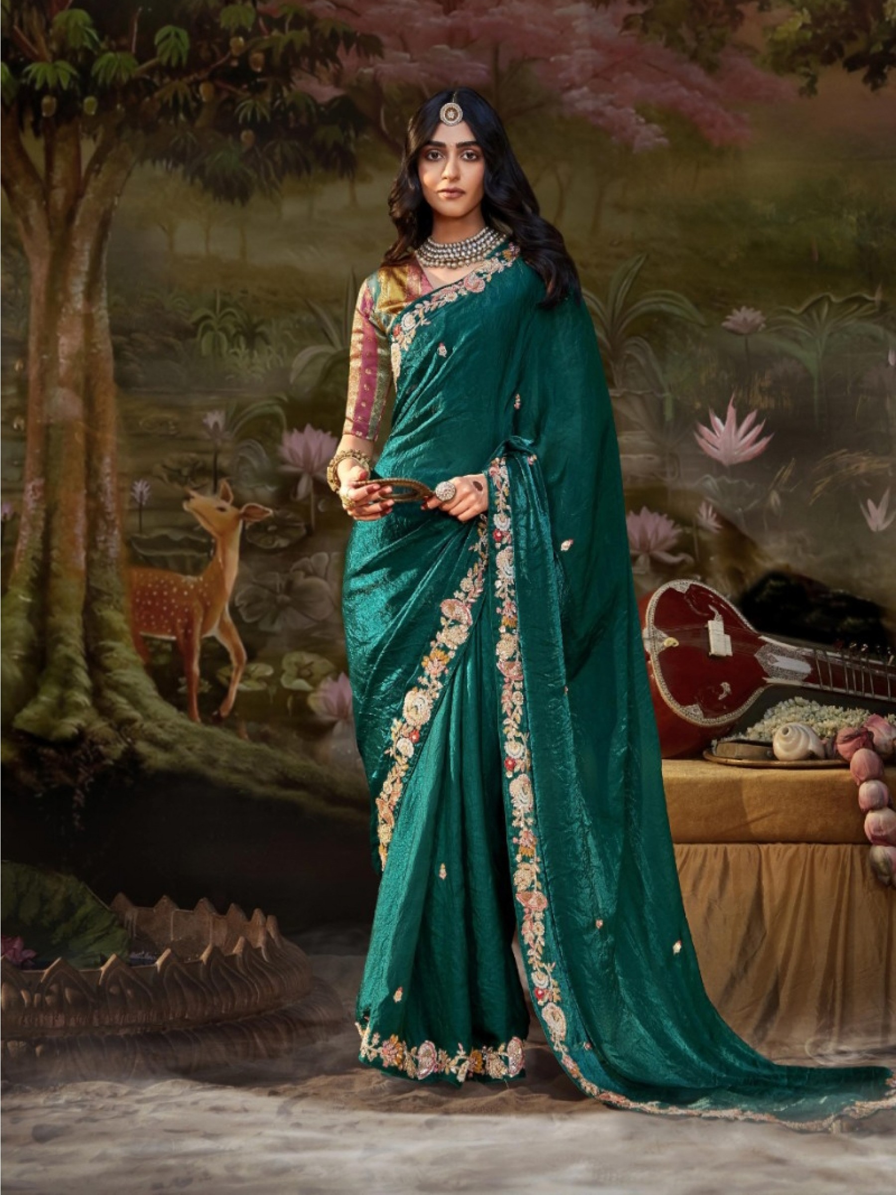 Fancy Silk  Party wear Saree Teal Green Color With Embroidery Work