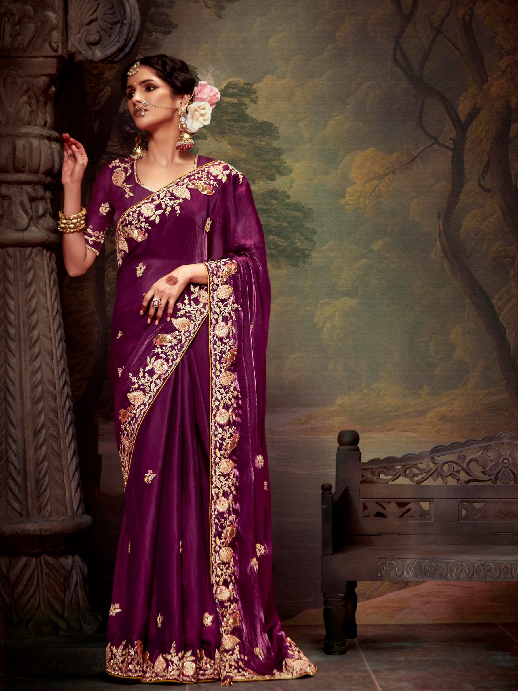 Tissue Organza Silk Party wear Saree Burgundy Color With Embroidery Work 