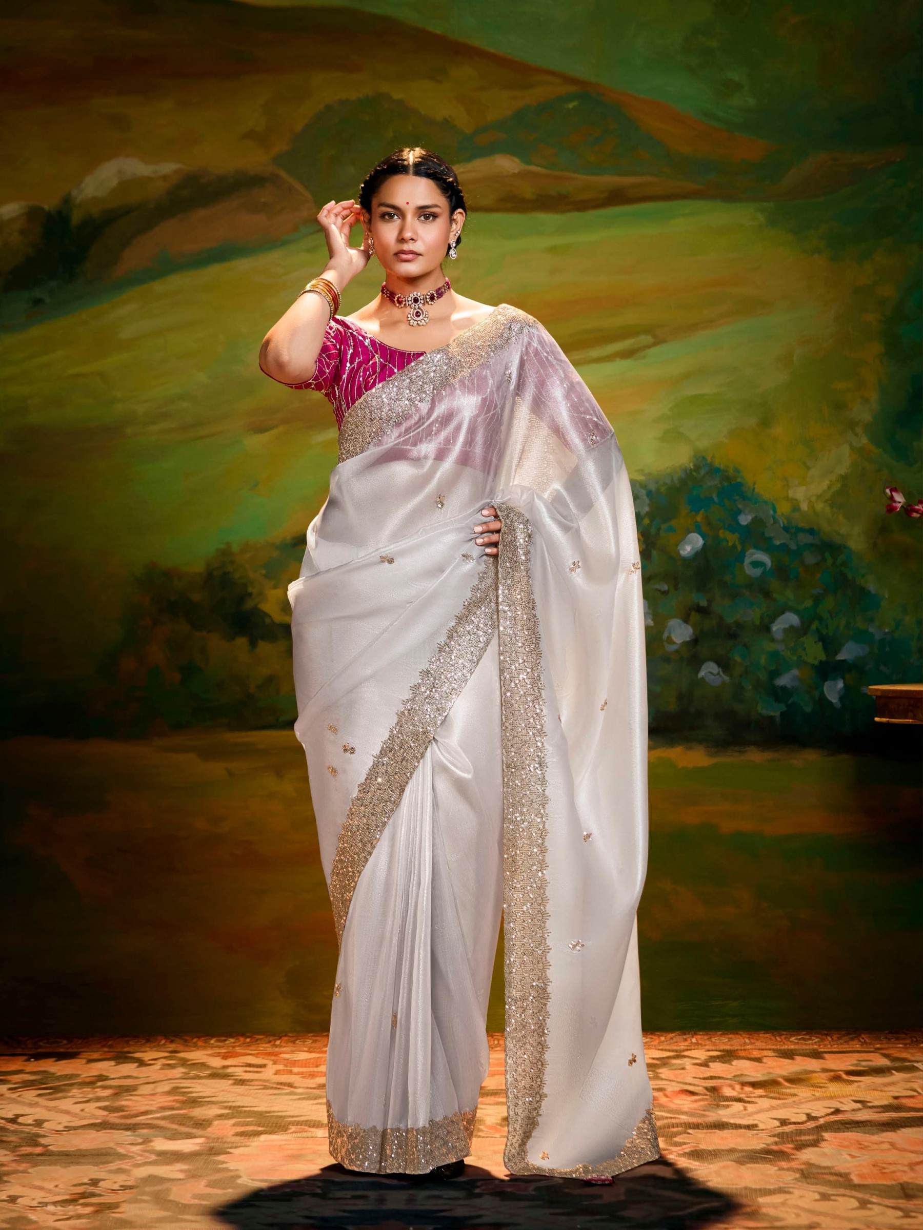 Fancy Silk Party wear Saree In Off white Color With Embroidery Work