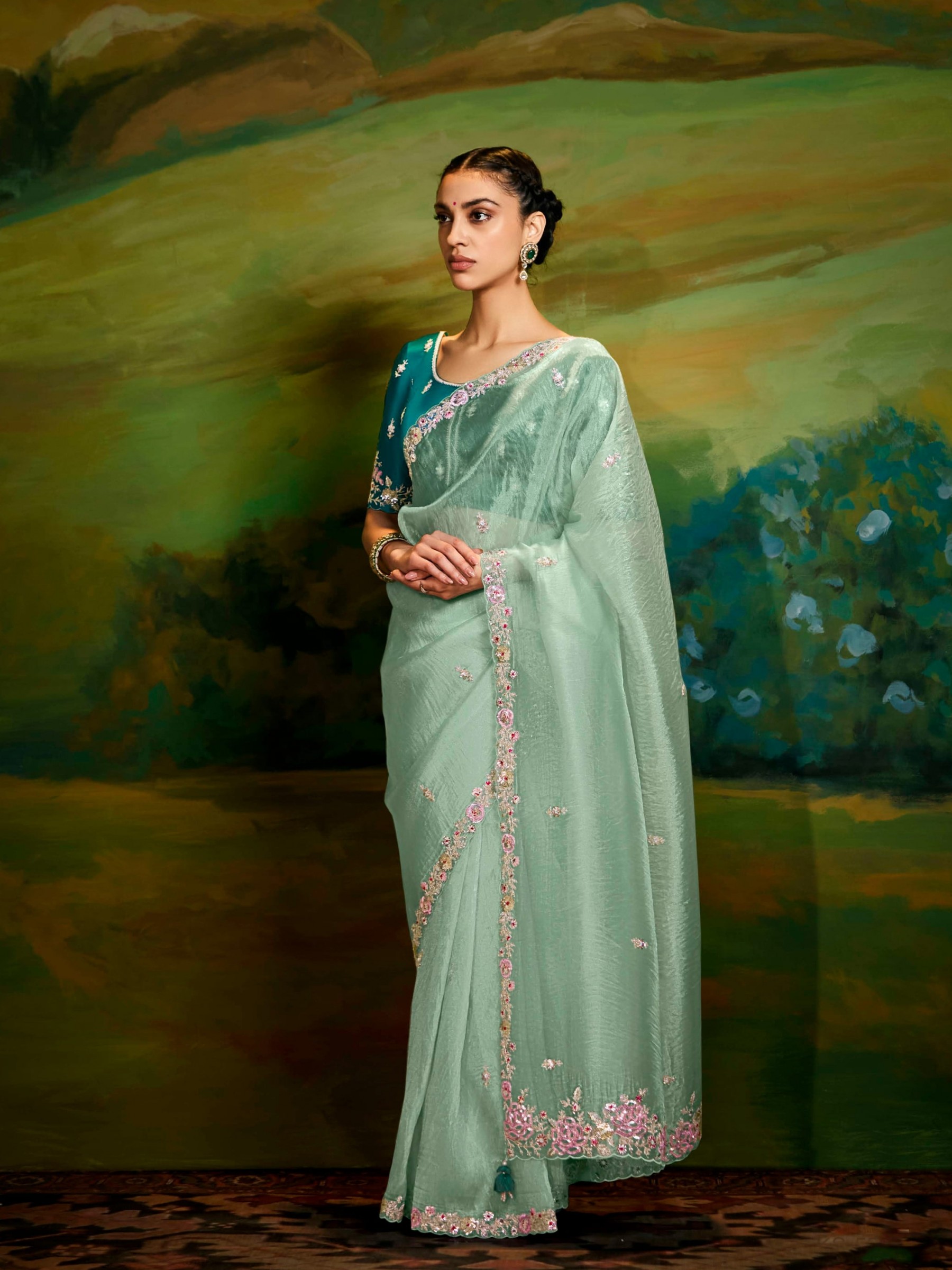 Fancy Silk Party wear Saree In Lime Green Color With Embroidery Work
