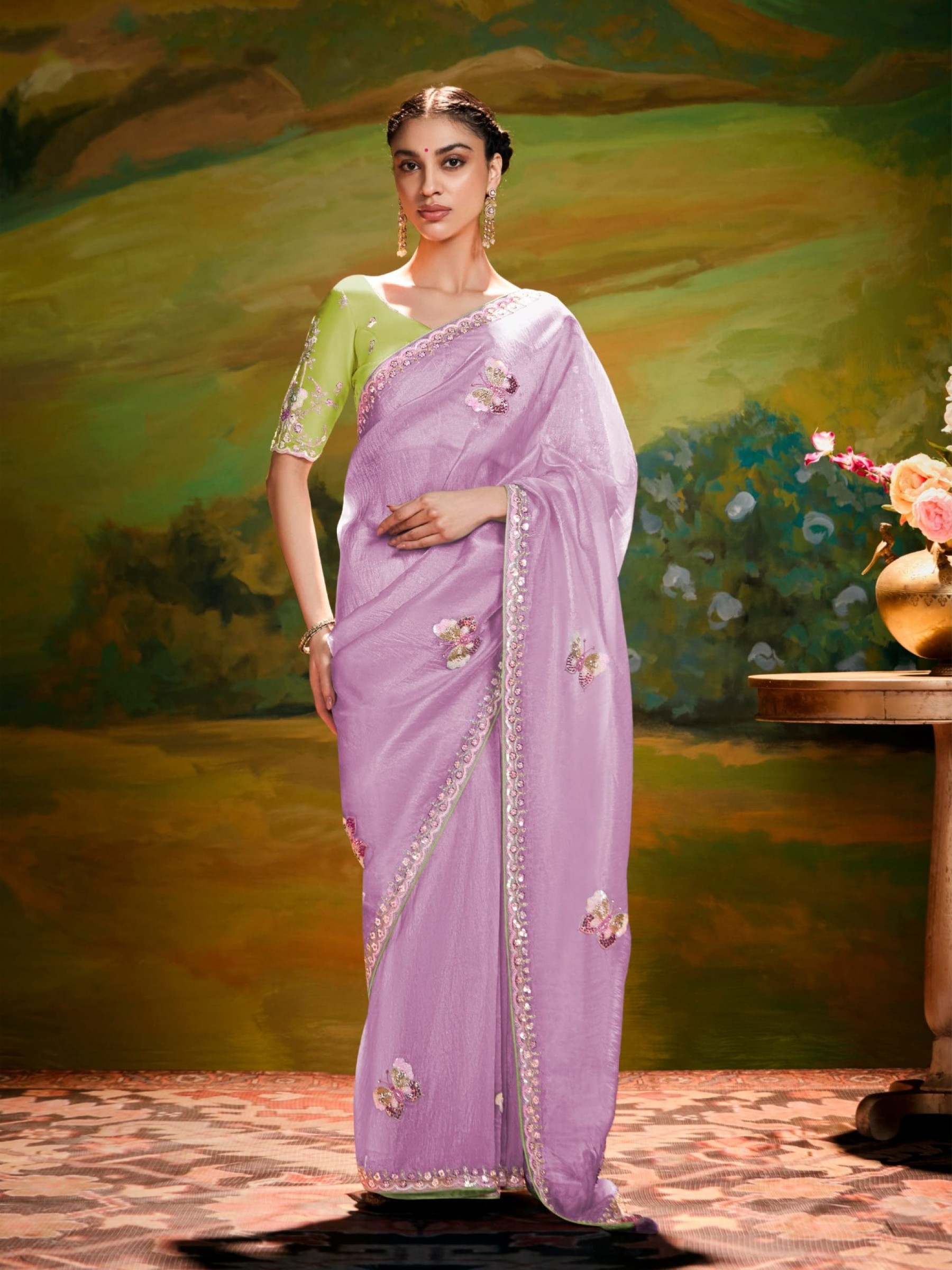 Fancy Silk Party wear Saree In Light Lavender Color With Embroidery Work