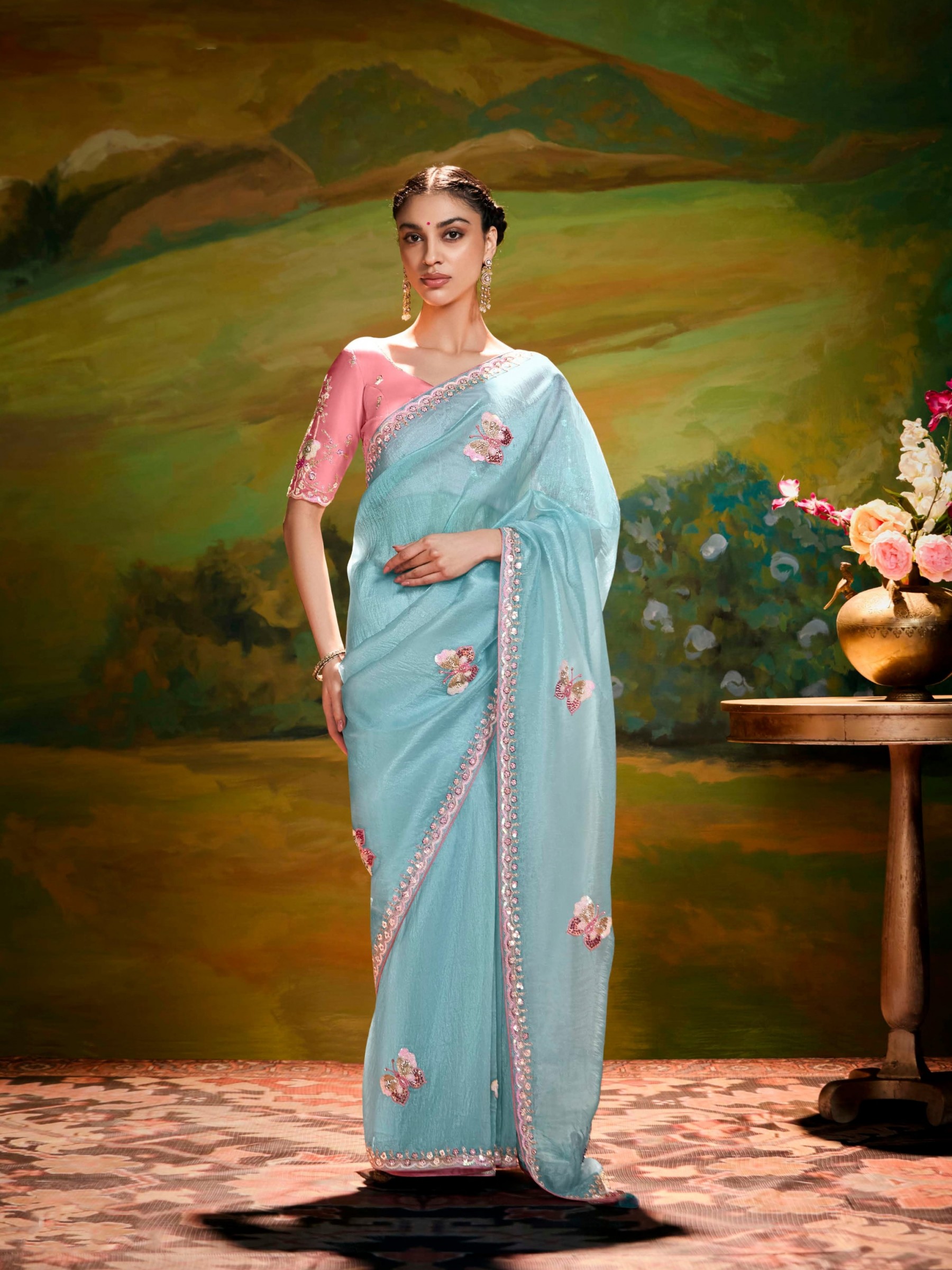 Fancy Silk Party wear Saree In Sky Blue Color With Embroidery Work