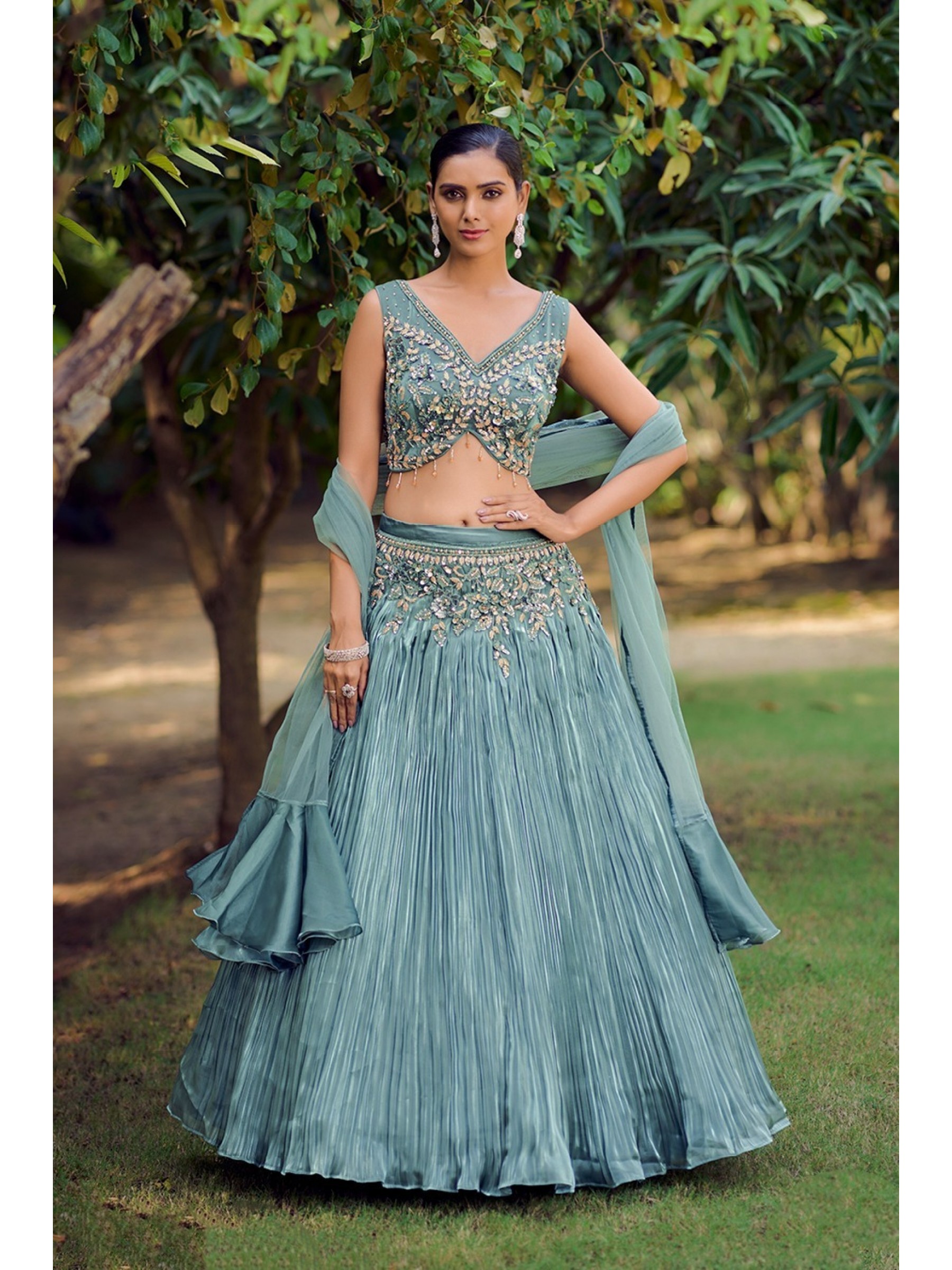 Silk Party Wear Crop Top  In Sea Blue color With Embroidery Work 