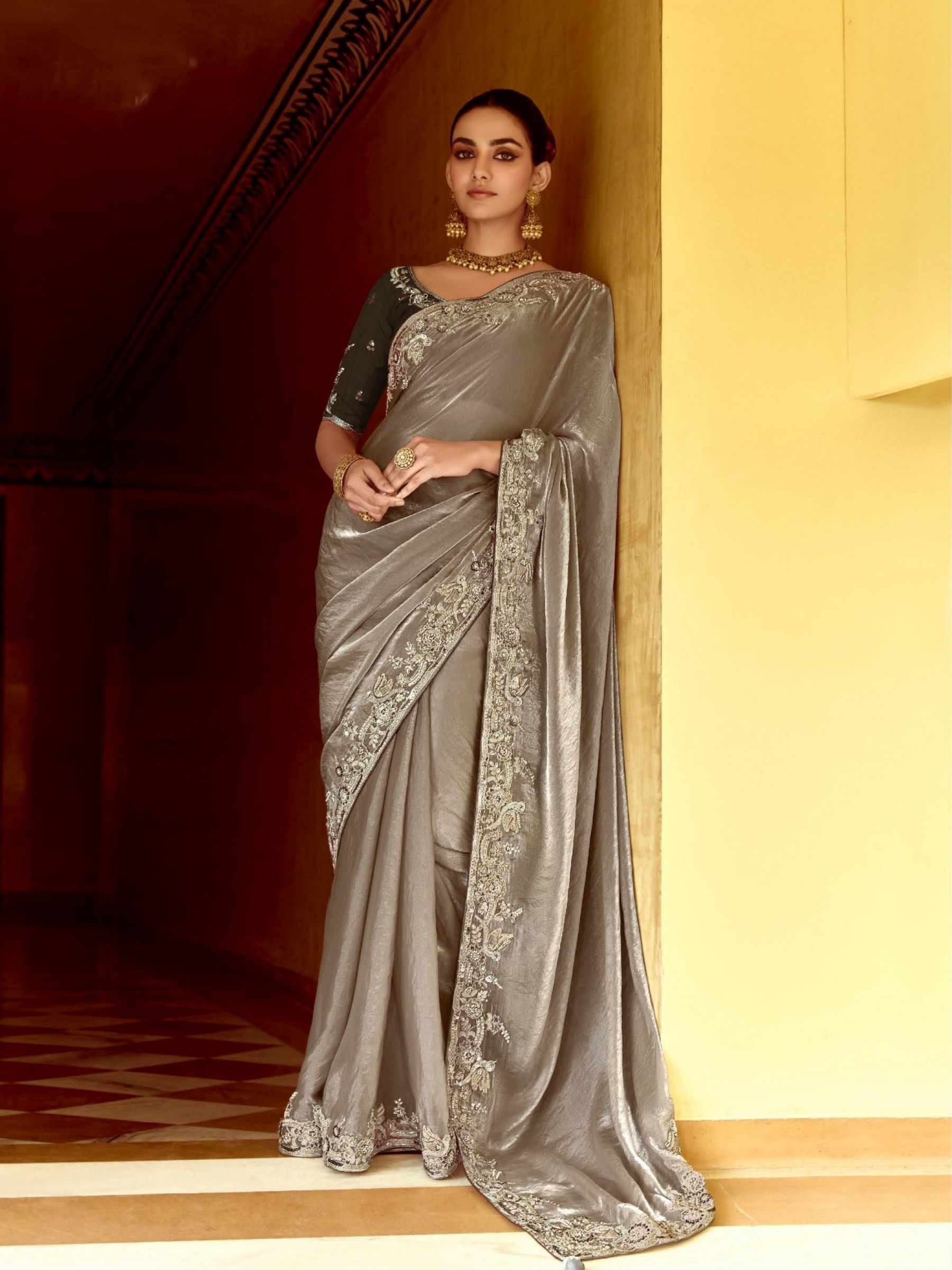 Fancy Silk Party wear Saree In Grey Color with Embroidery Work