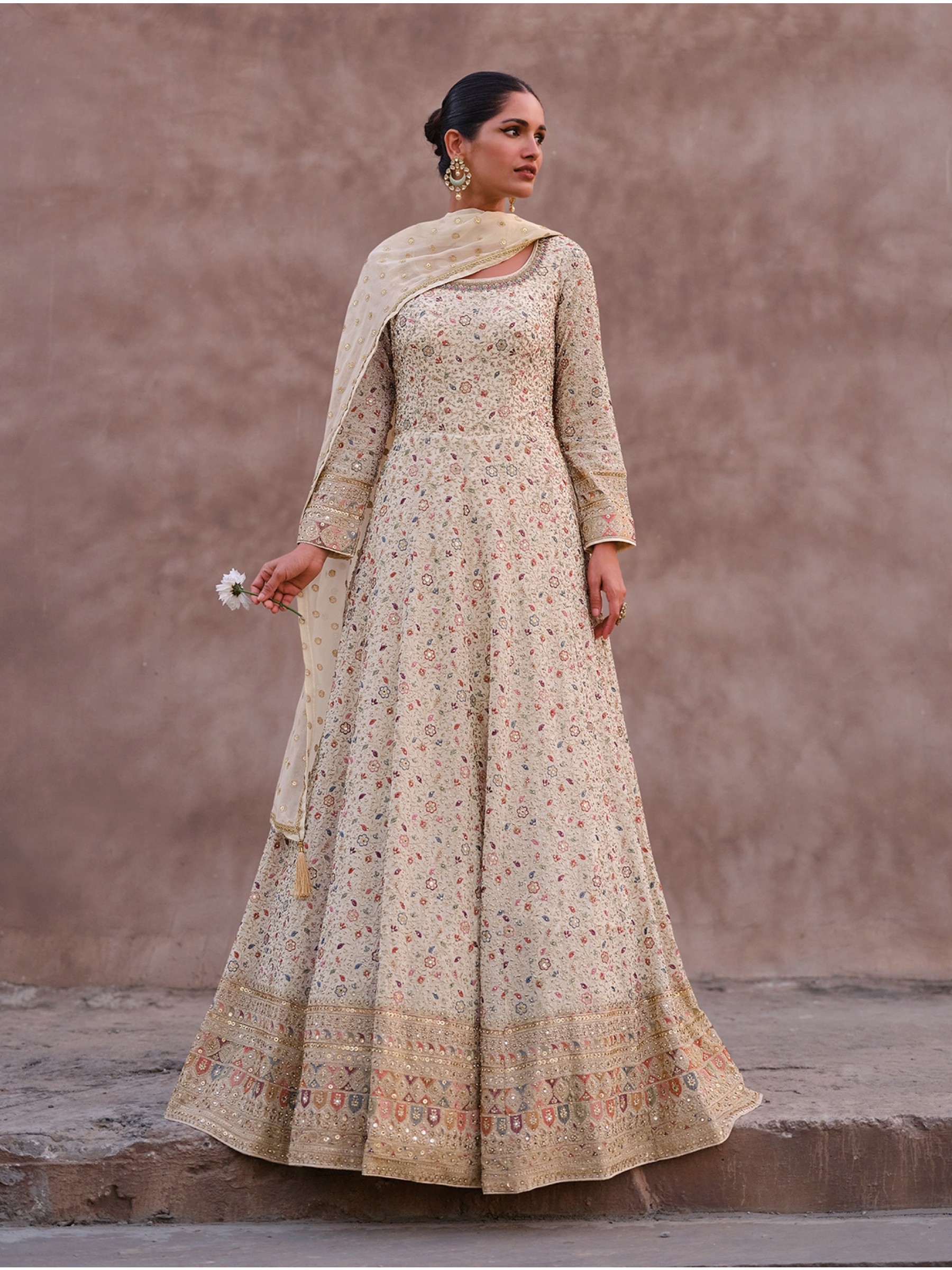 Real Georgette Silk Party Wear Gown Cream Color with Embroidery Work