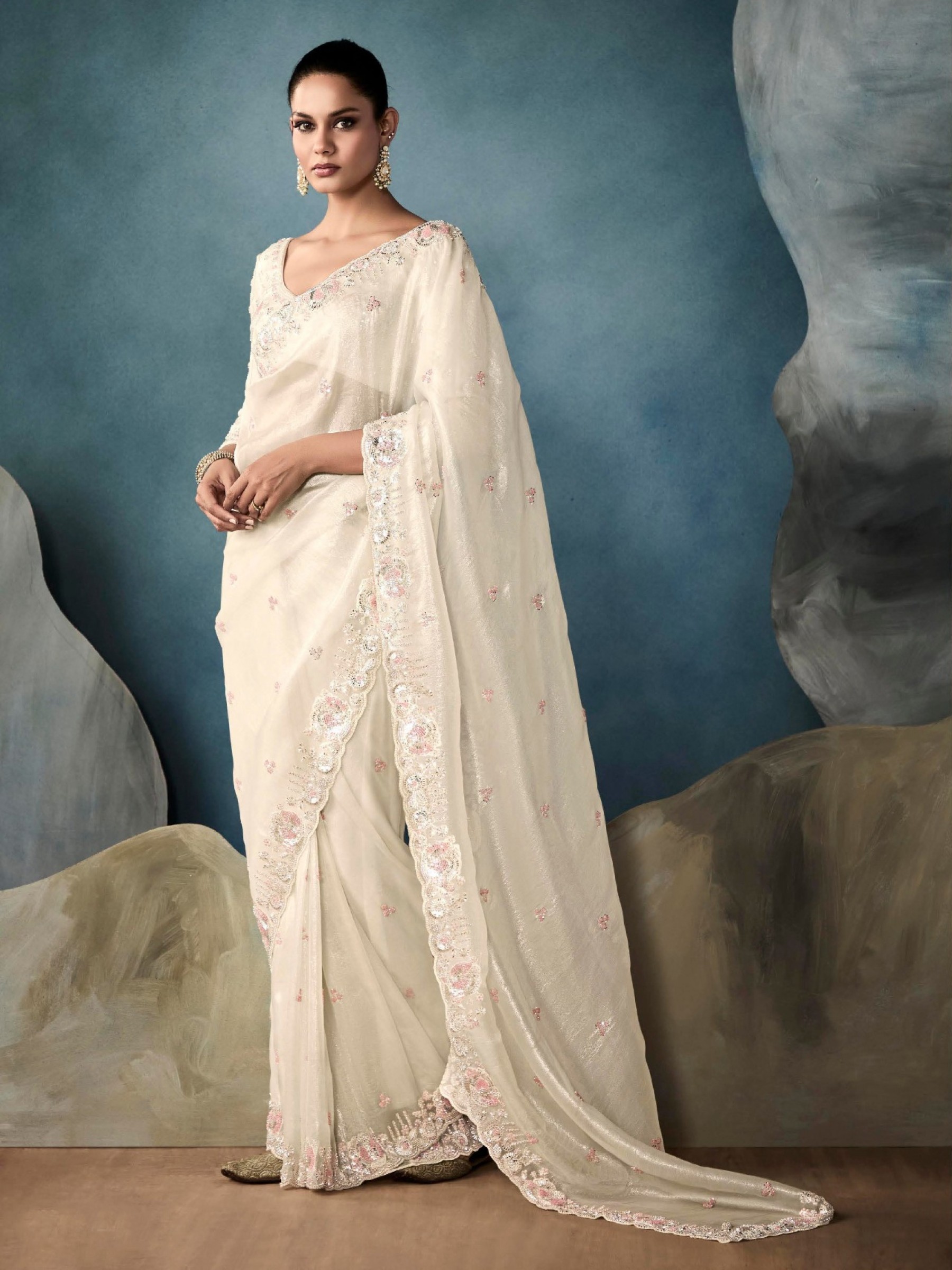 Pure Tissue Silk Party wear Saree In Off White Color with Embroidery Work