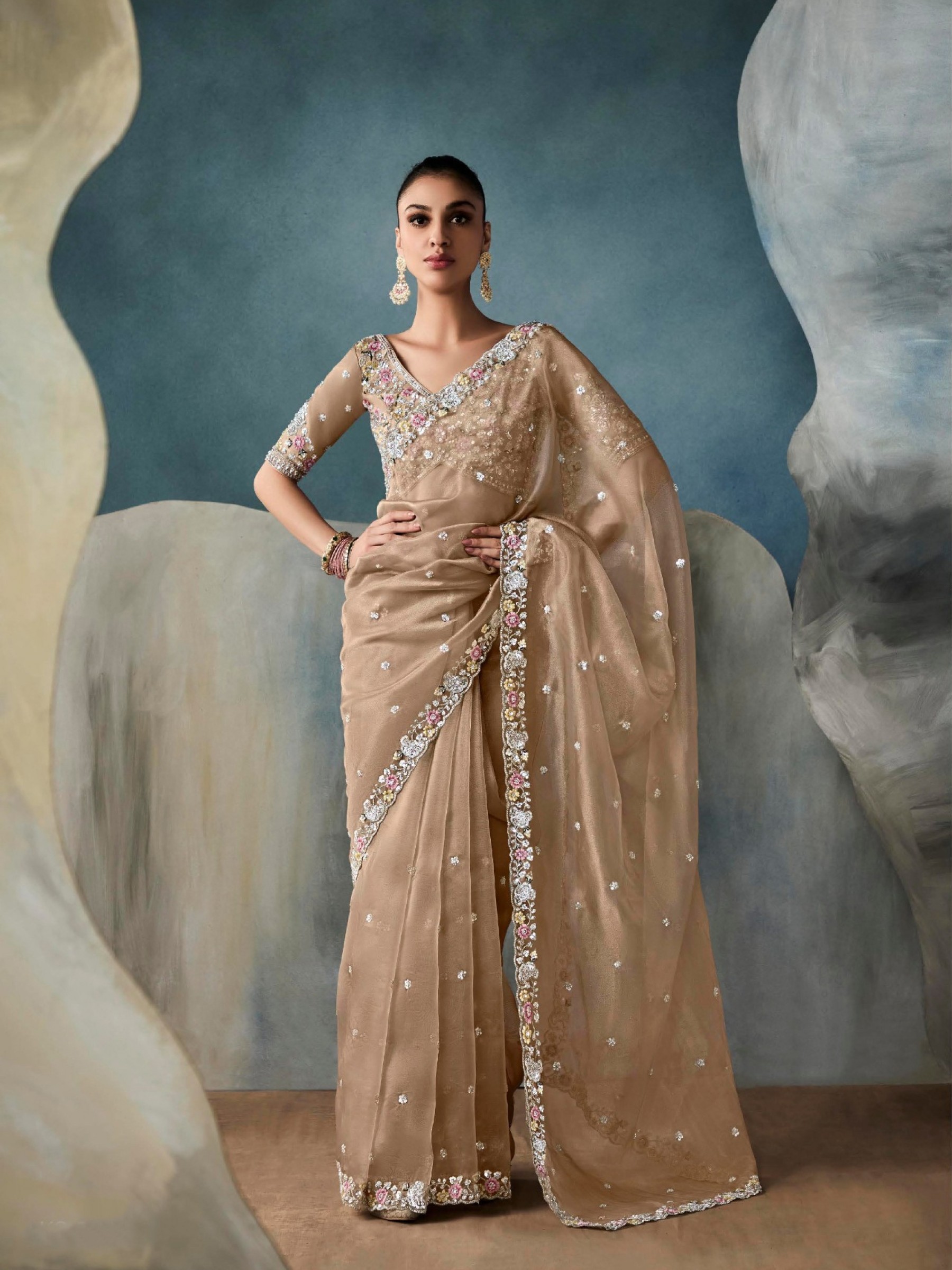 Pure Tissue Silk Party wear Saree In Beige Color with Embroidery Work