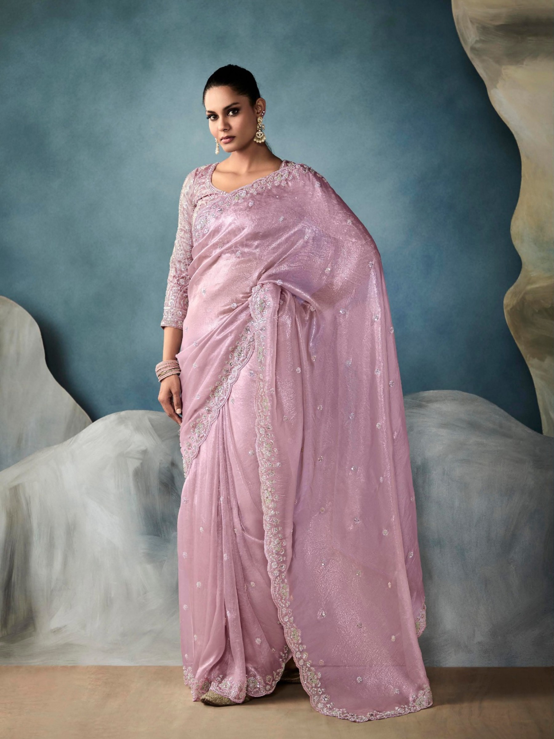 Pure Tissue Silk Party wear Saree In Light Pink Color with Embroidery Work