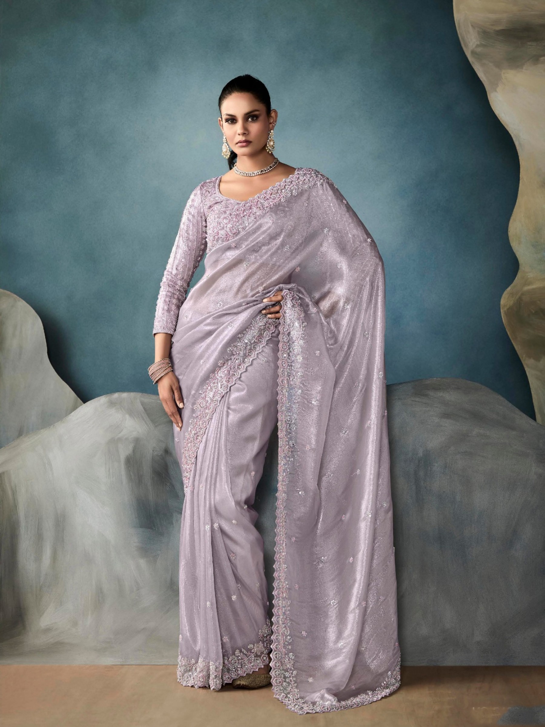 Pure Tissue Silk Party wear Saree In Grey Color with Embroidery Work