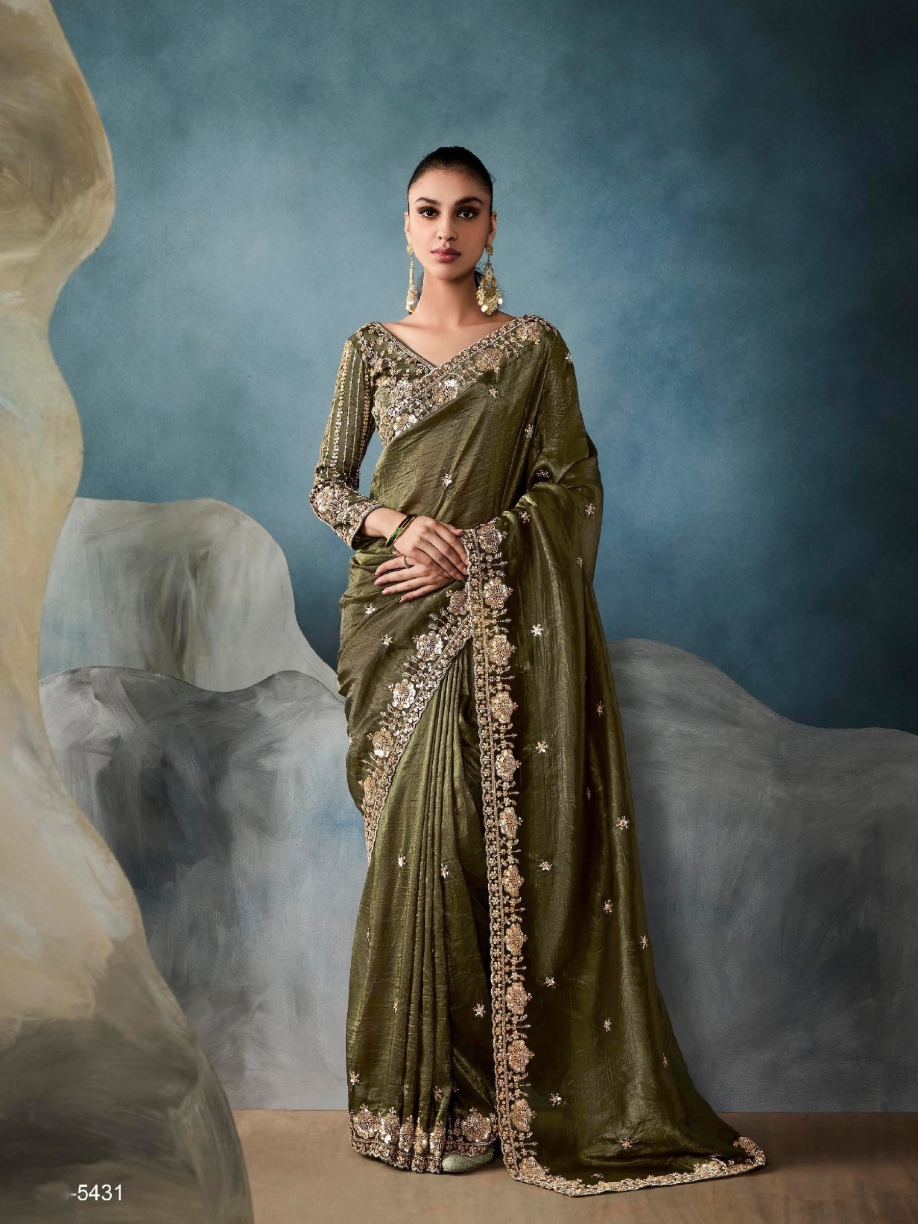 Pure Tissue Silk Party wear Saree In Mahendi Green Color with Embroidery Work