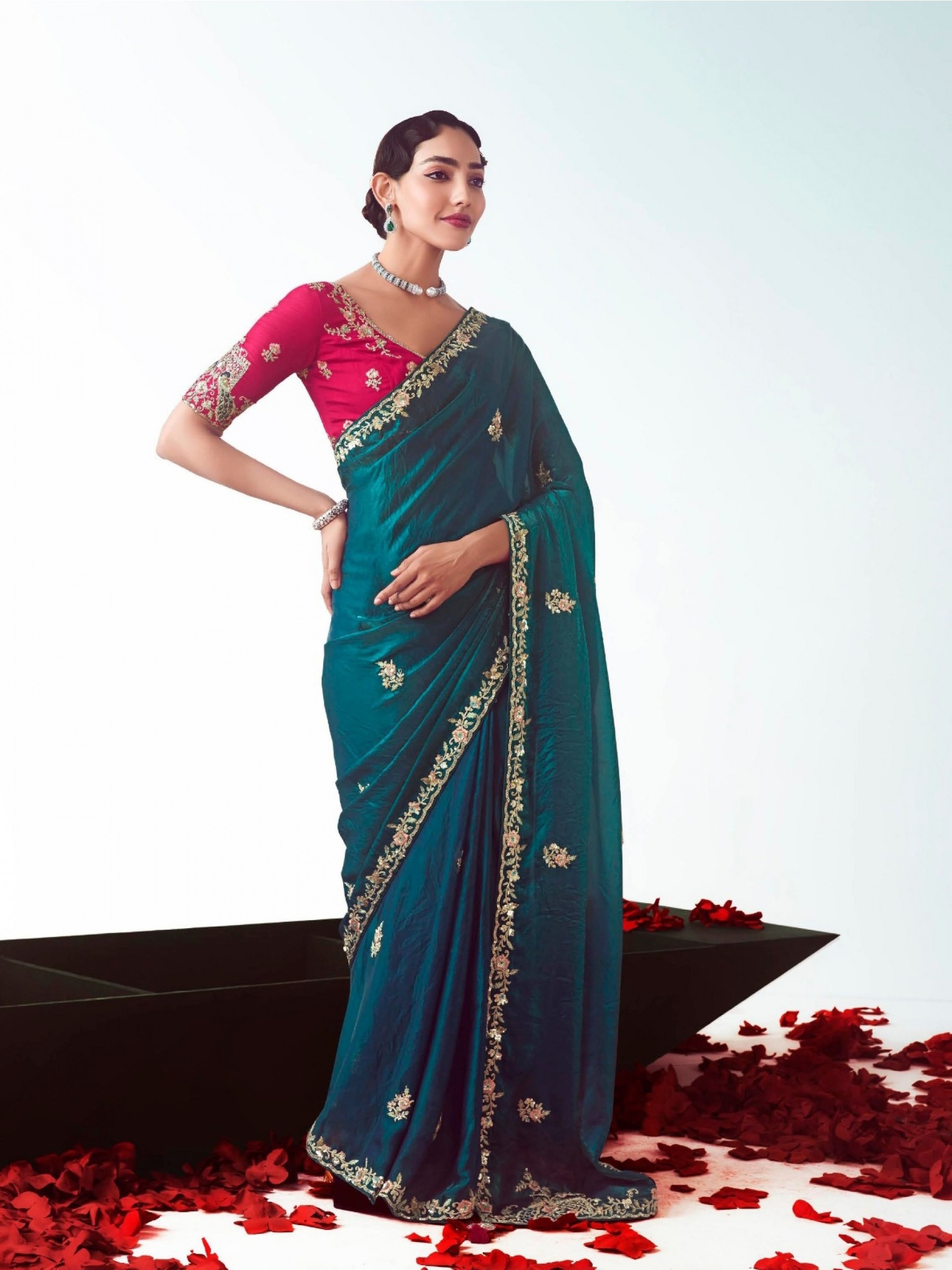 Fancy Silk Party wear Saree Teal Blue Color with Embroidery Work