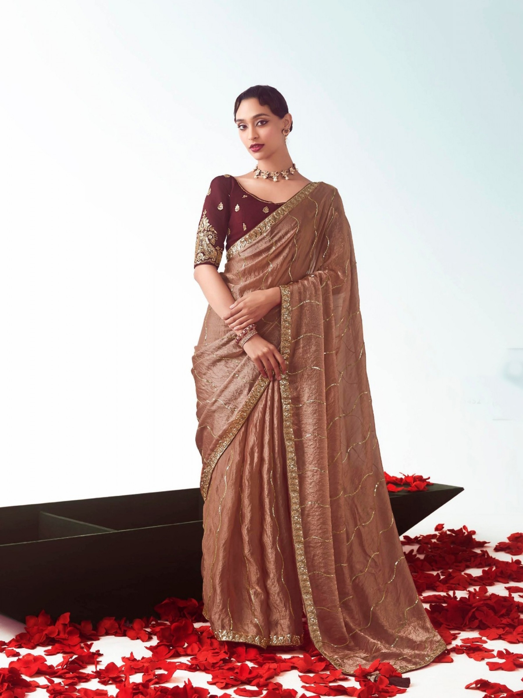 Fancy Silk Party wear Saree Brown Color with Embroidery Work