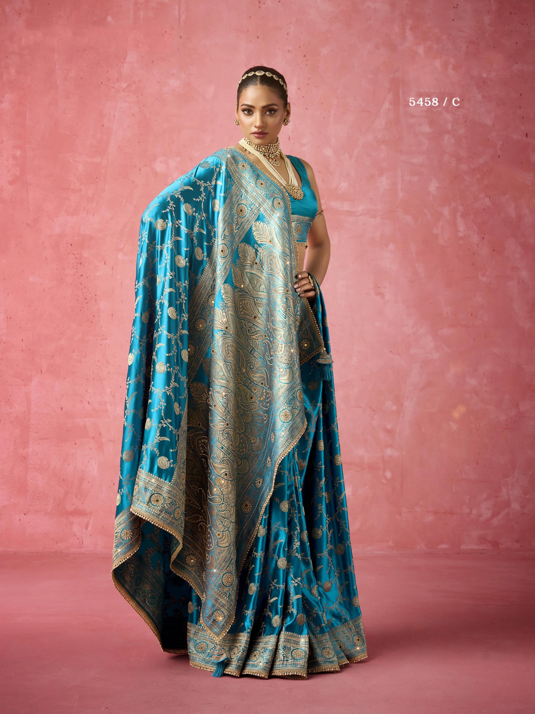 Satin katan Fabric Party wear Saree In Sky Blue Color with Embroidery Work 