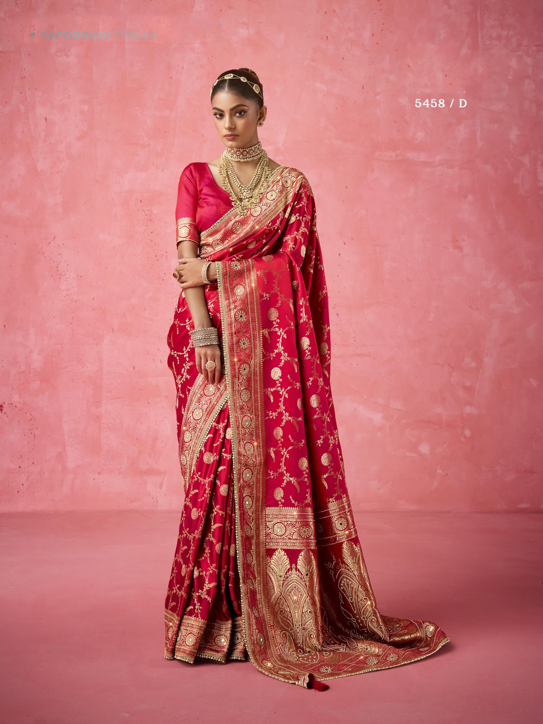 Satin katan Fabric Party wear Saree In Red Color with Embroidery Work 