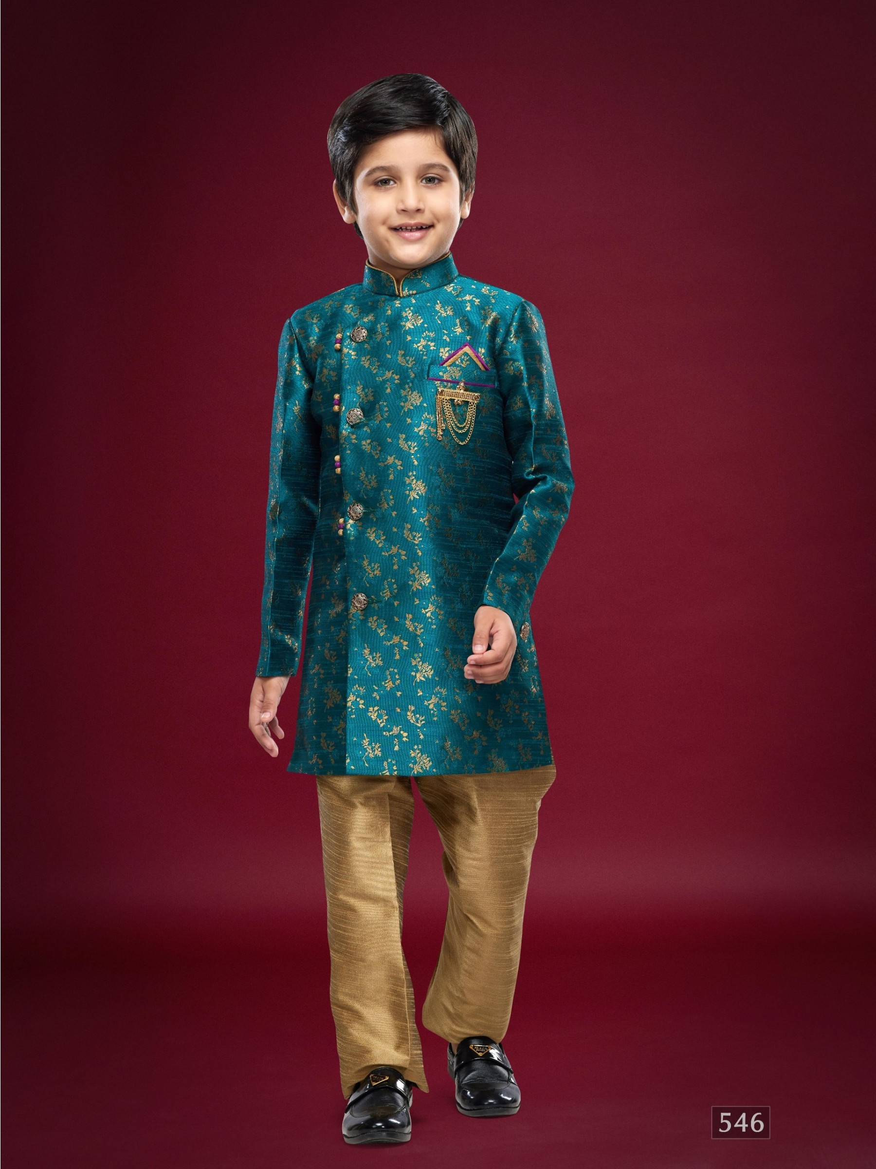 Banarasi Jacqard Silk Readymade Kids Indowestern in Teal Color  