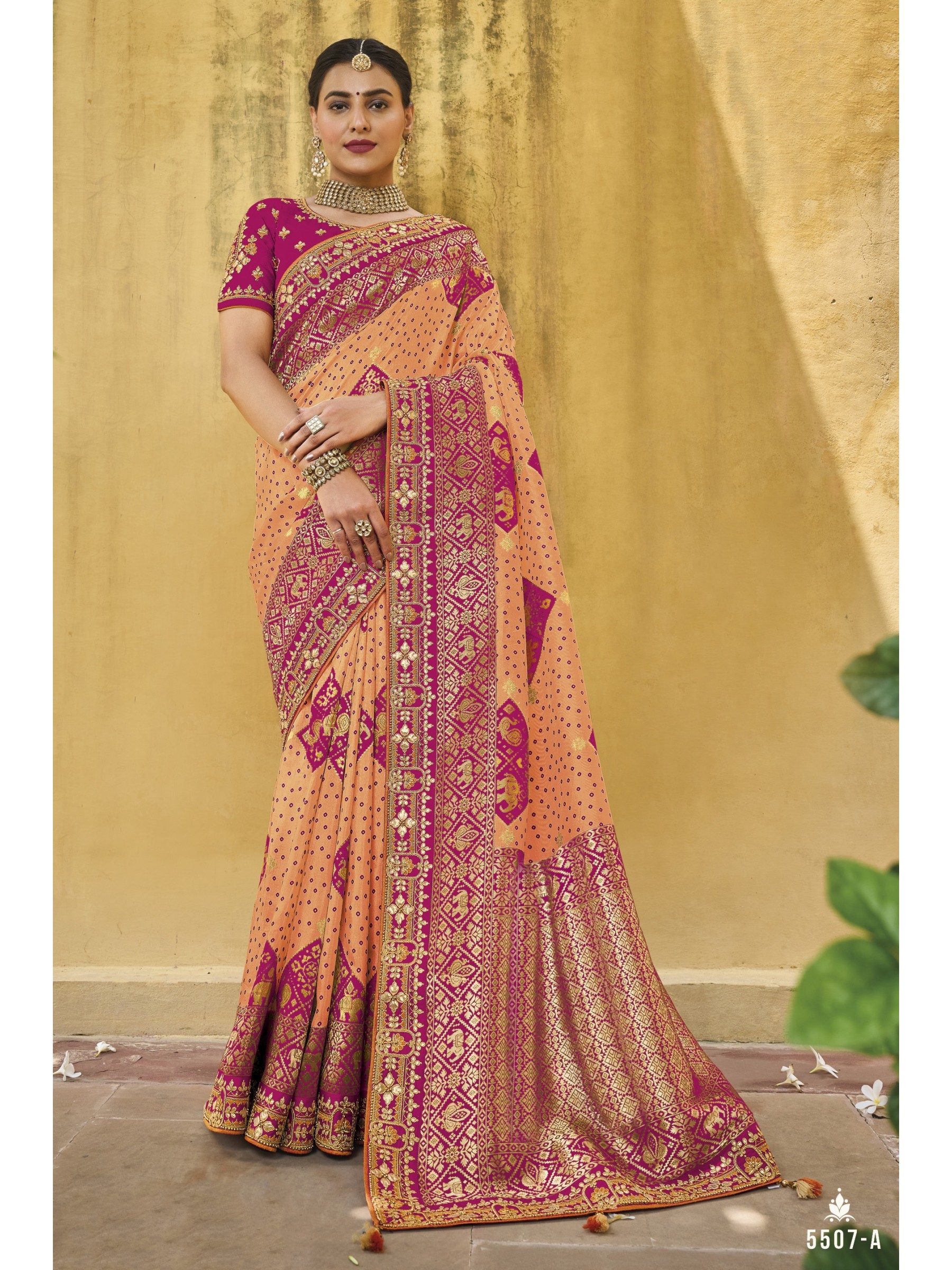 Pure Banarasi Silk Saree In Peach & Pink Color With Embroidery Work