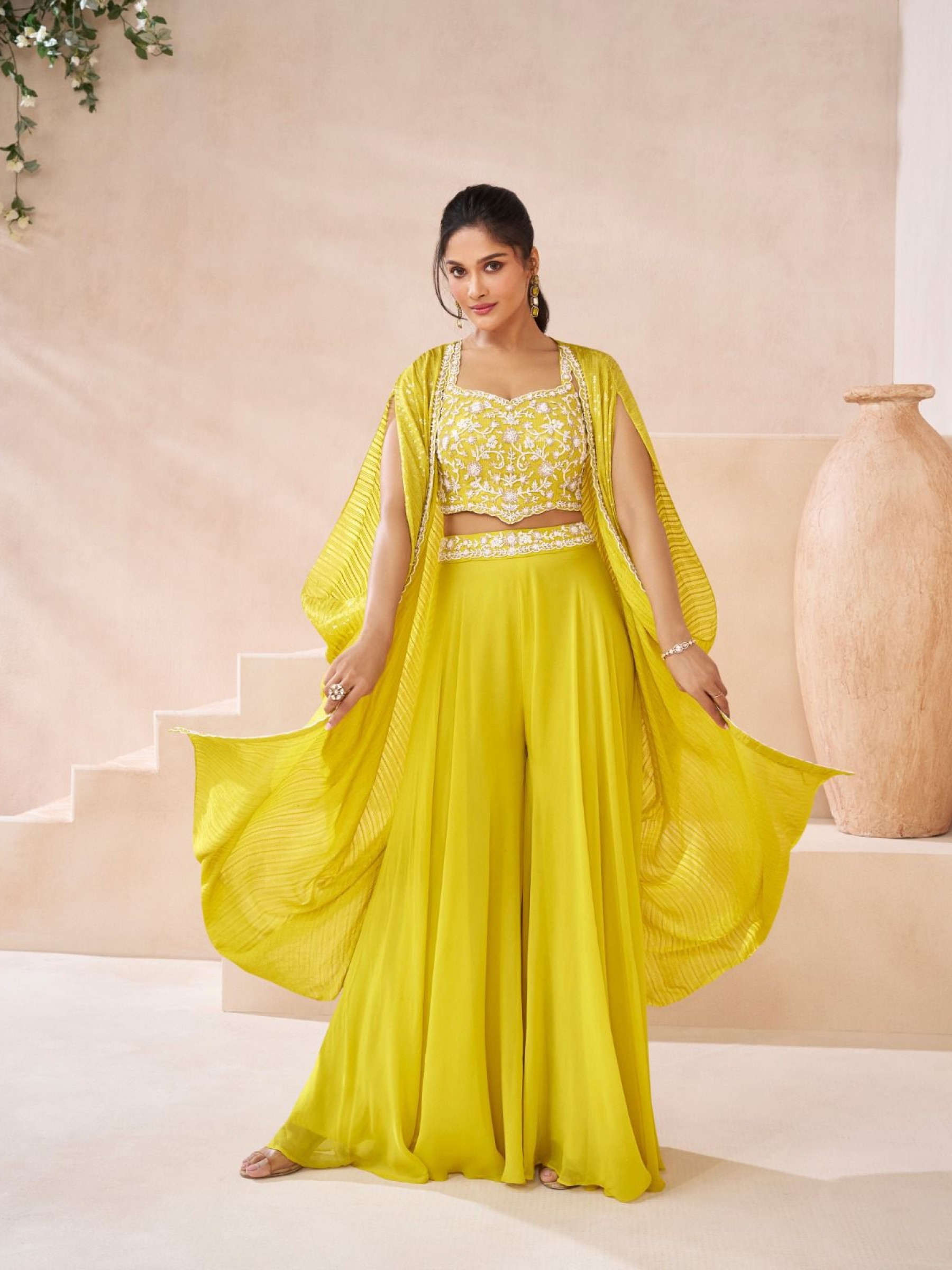 Georgette  Fabrics Party Wear 3 Peace Set  In Yellow Color With Embroidery Work
