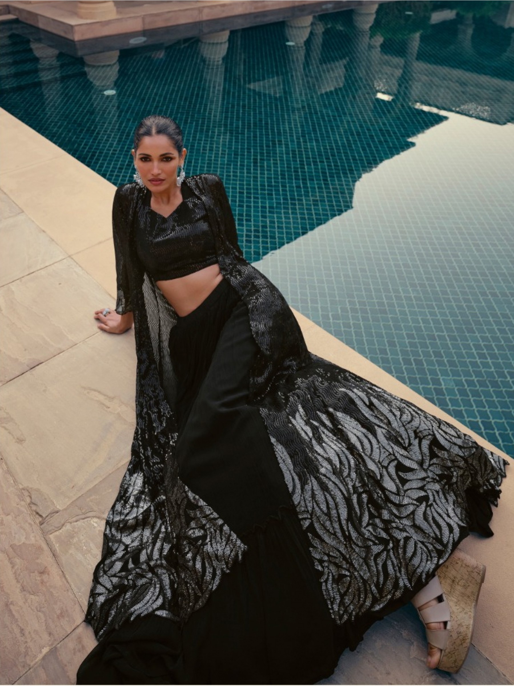 Pure Chinon Silk Fabrics Party Wear 3 Peace Set In Black Color With Embroidery Work