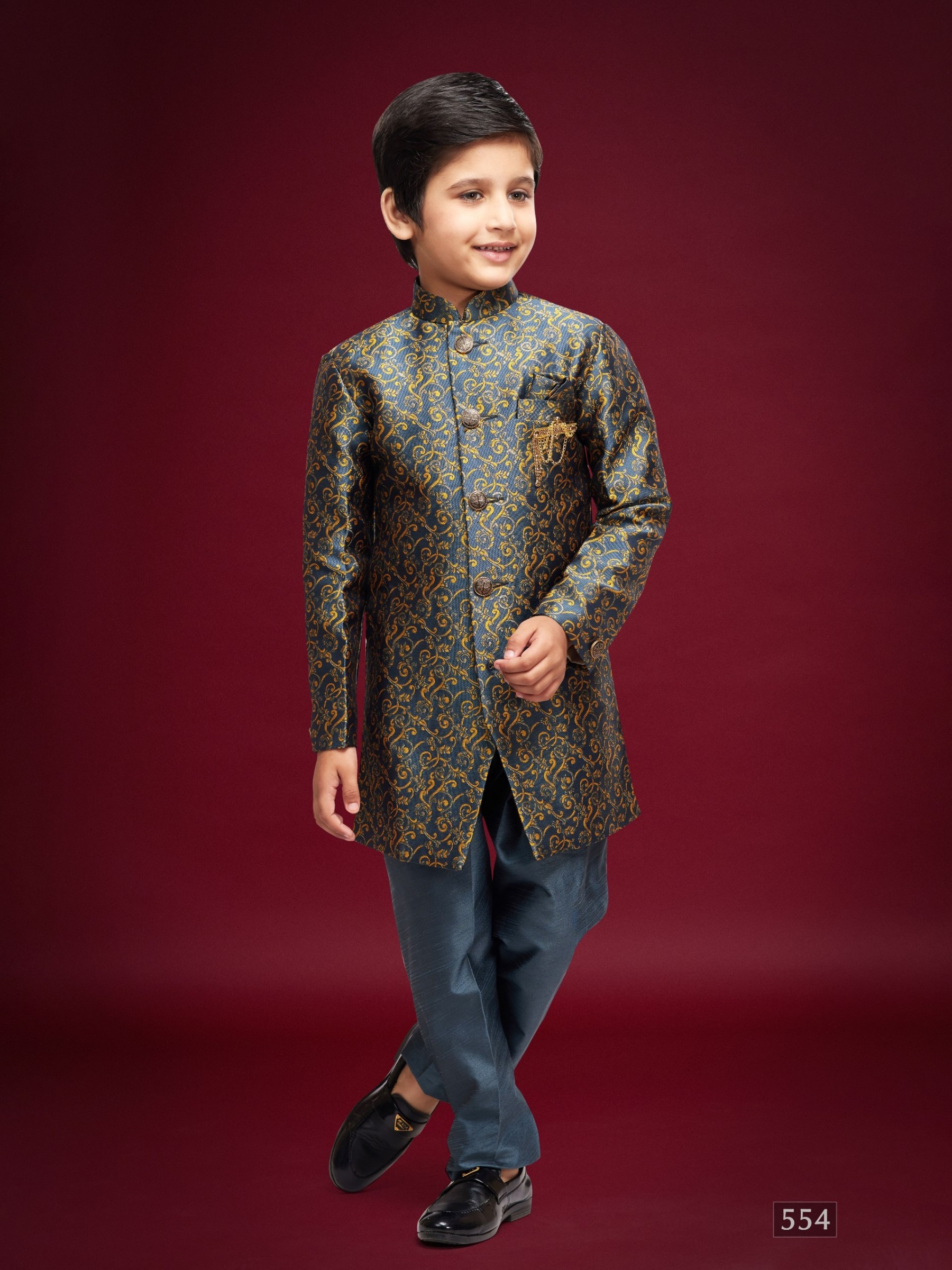 Banarasi Jacqard Silk Readymade Kids Indowestern in Dark Grey Color  