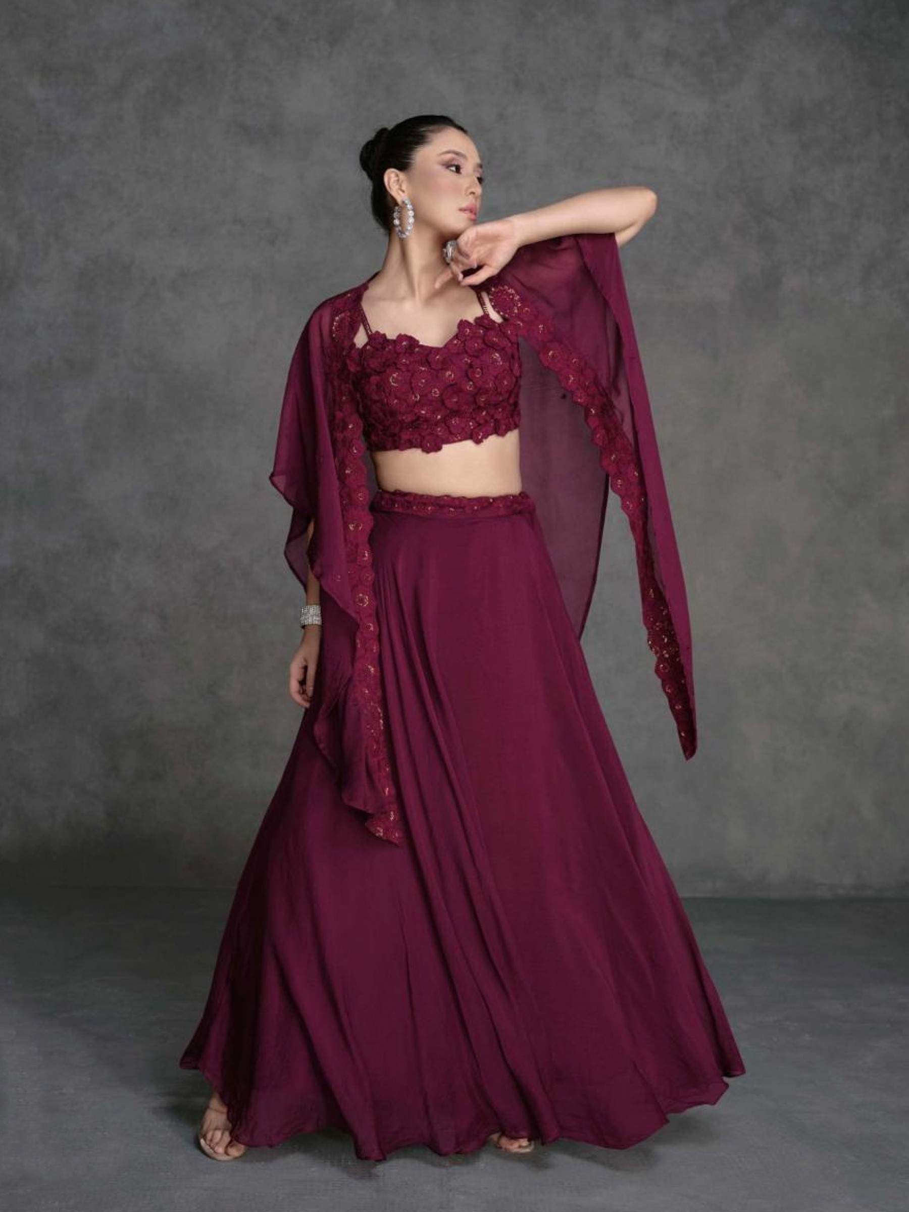 Pure Georgette Silk Fabrics Party Wear 3 Peace Set In Burgundy Color With Embroidery Work