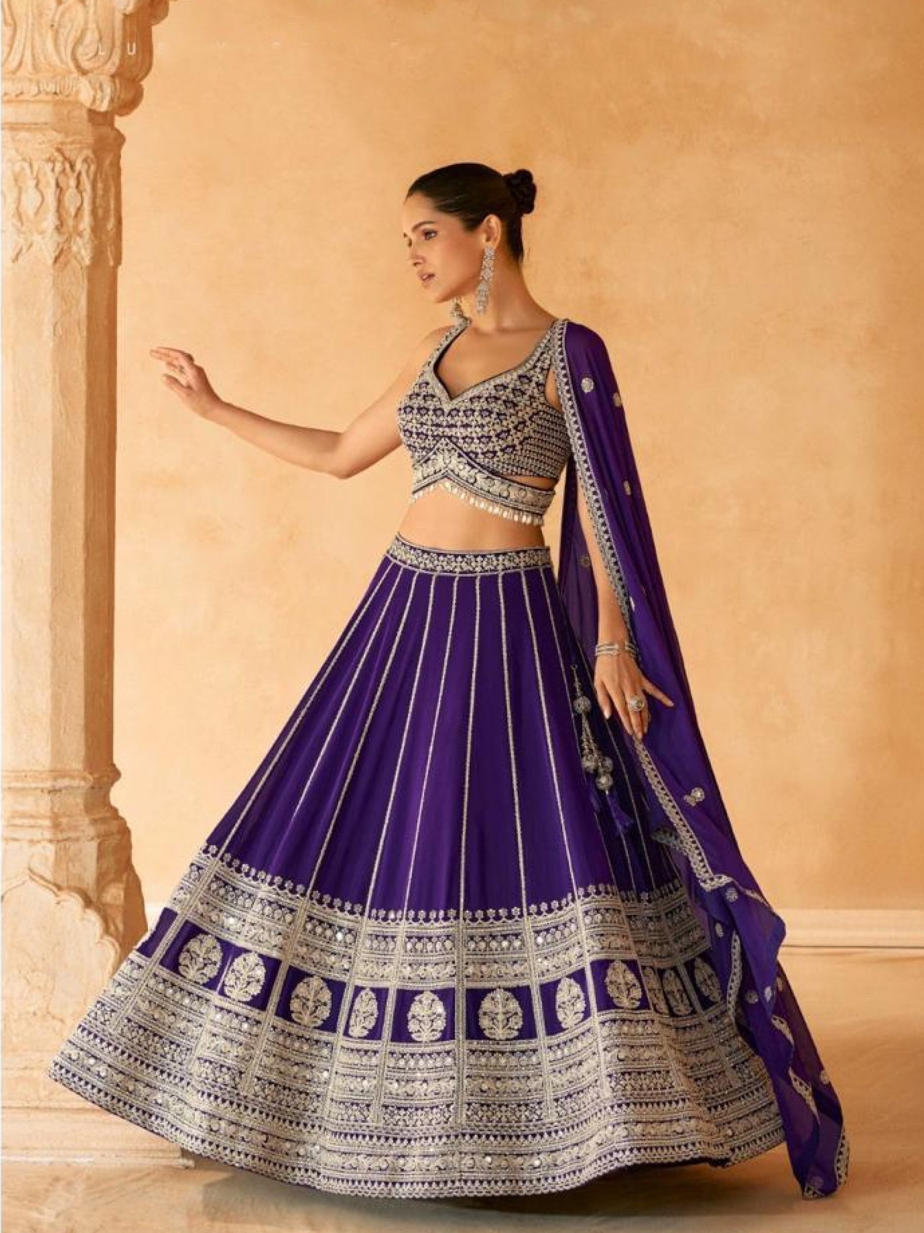 Pure Georgette Party Wear Lehenga In Purple Color With Embroidery Work