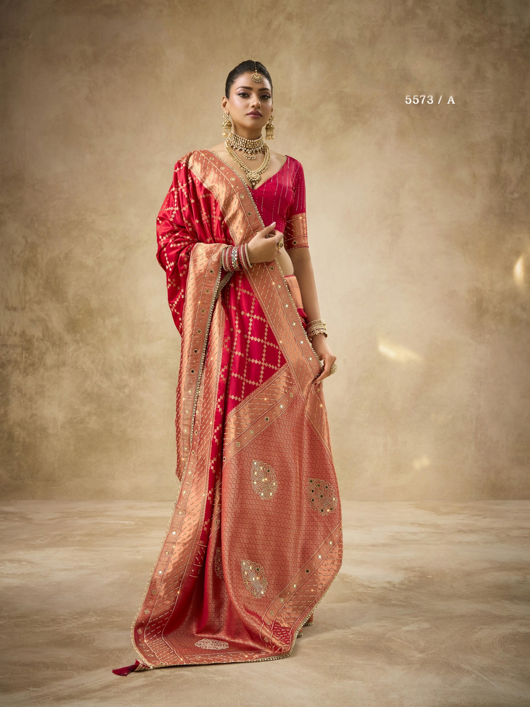 Fancy Silk Fabric Party wear Saree In Red Color with Swaroskvi Work 