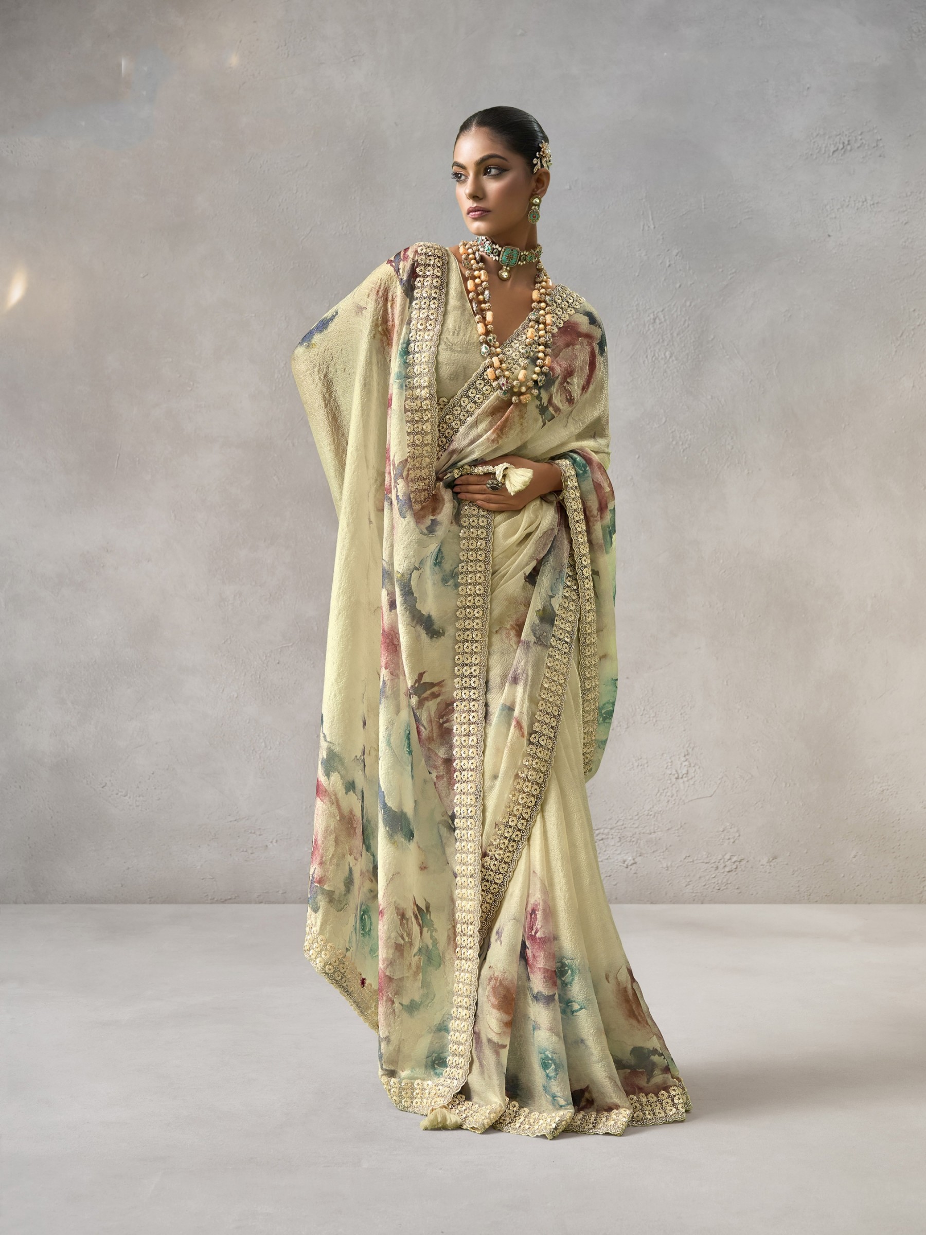 Pure Satin Party wear Saree In Light Yellow Color with Swaroskvi Work 
