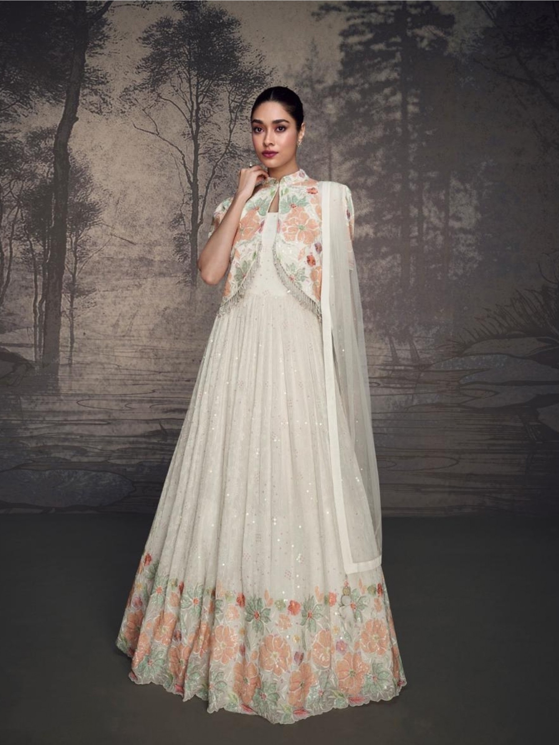 Real Georgette Party Wear Gown Off White Color Color with Lucknowi Embroidery Work