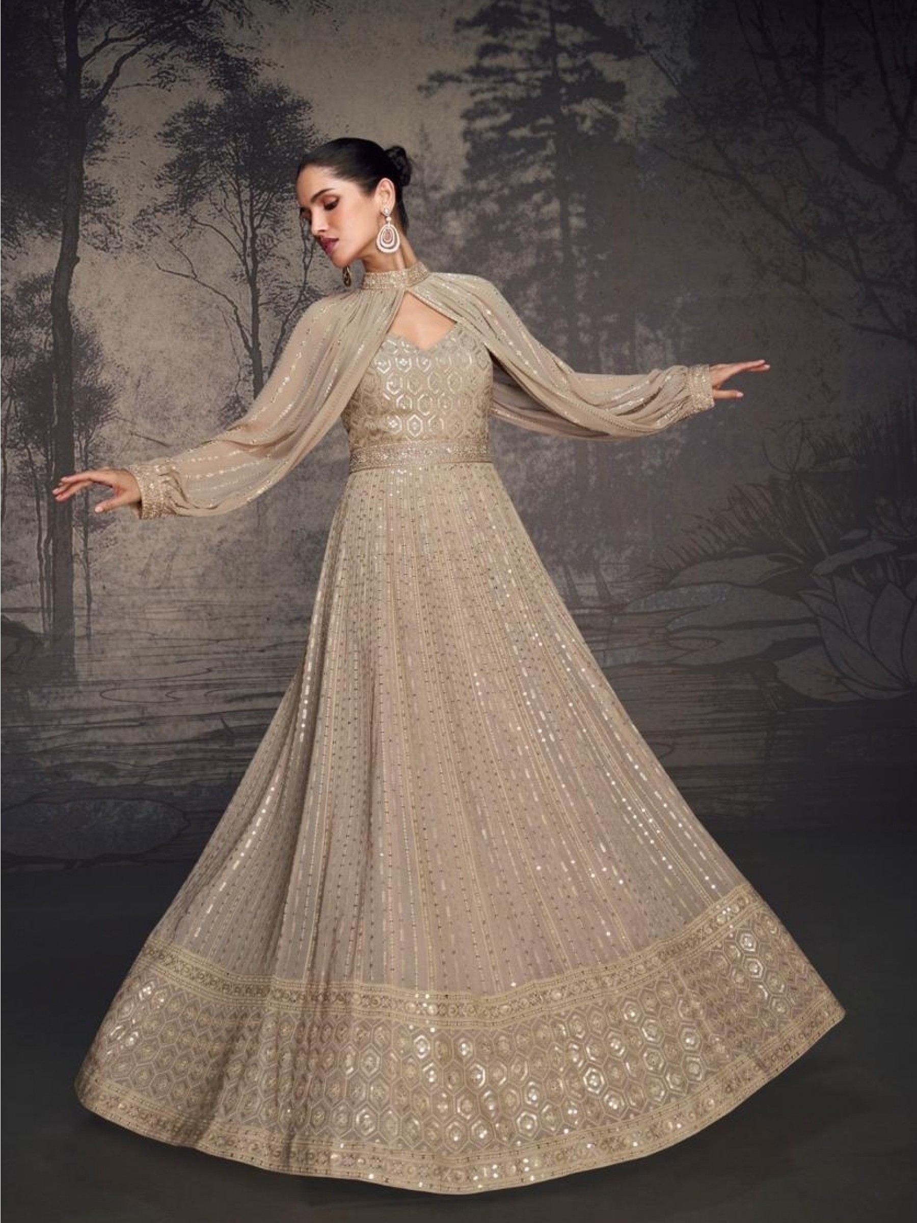 Real Georgette Party Wear Gown Beige Color Color with Lucknowi Embroidery Work