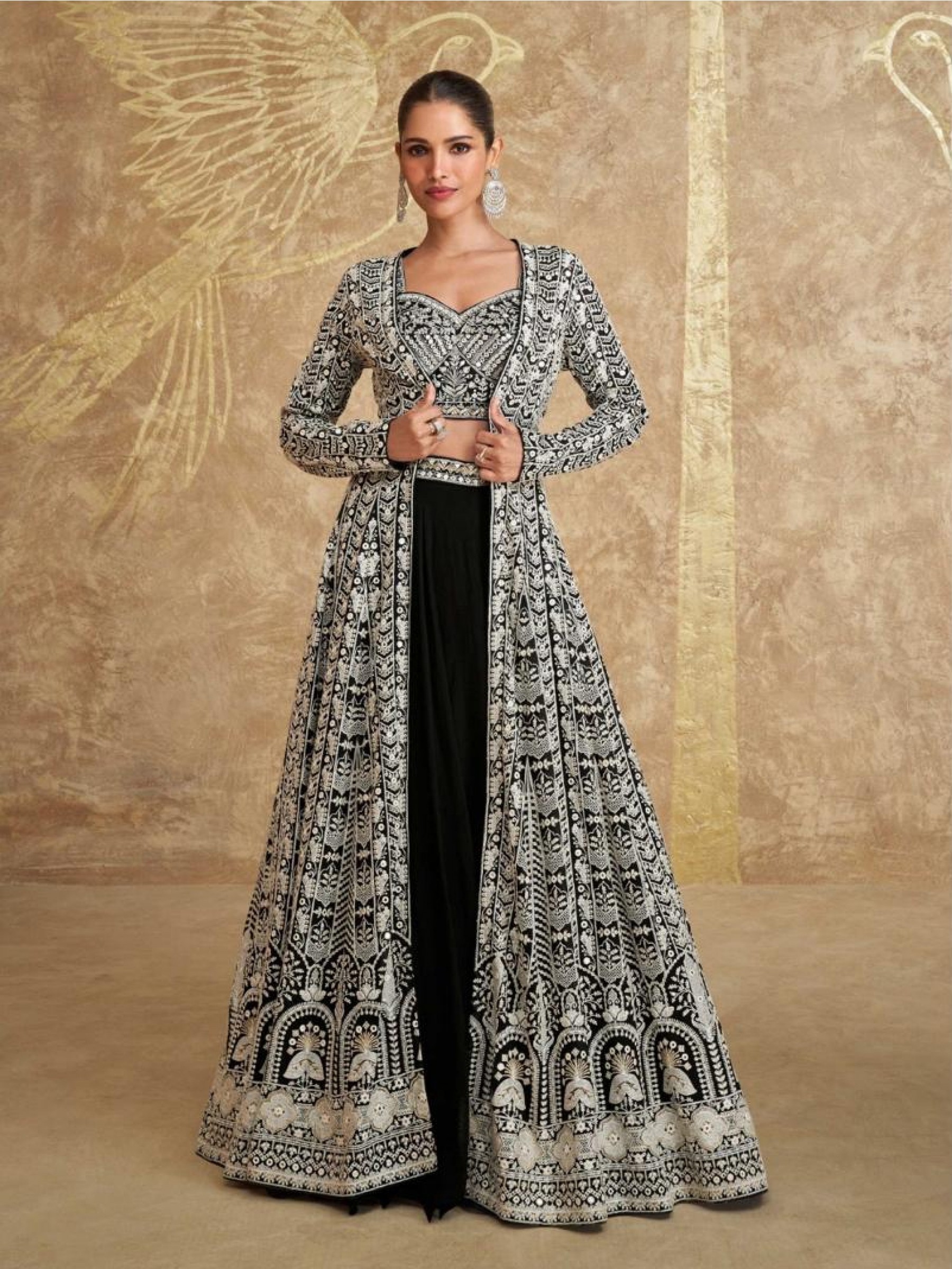 Pure Georgette Party Wear 3 Peace Set Black Color Color with Embroidery Work