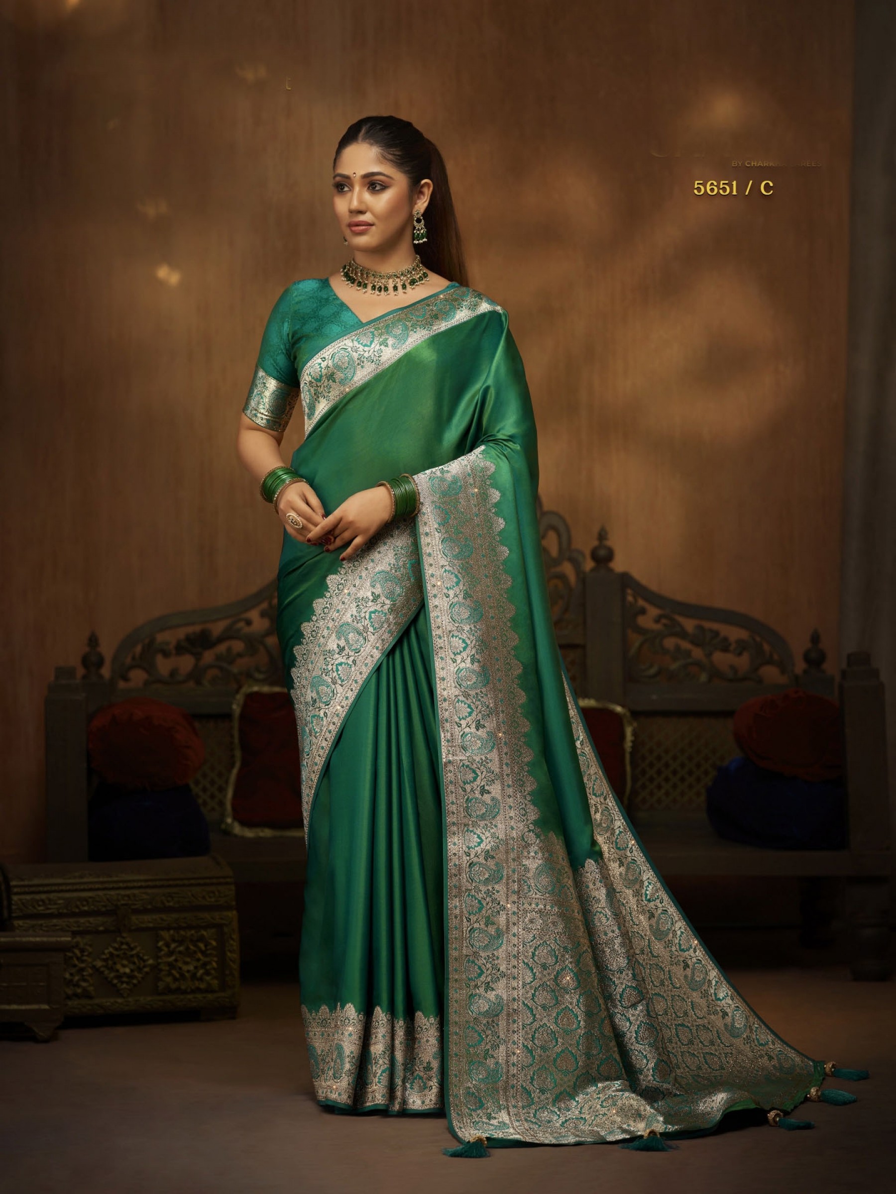 Pure Satin Party wear Saree In Green Color with Swaroskvi Work 