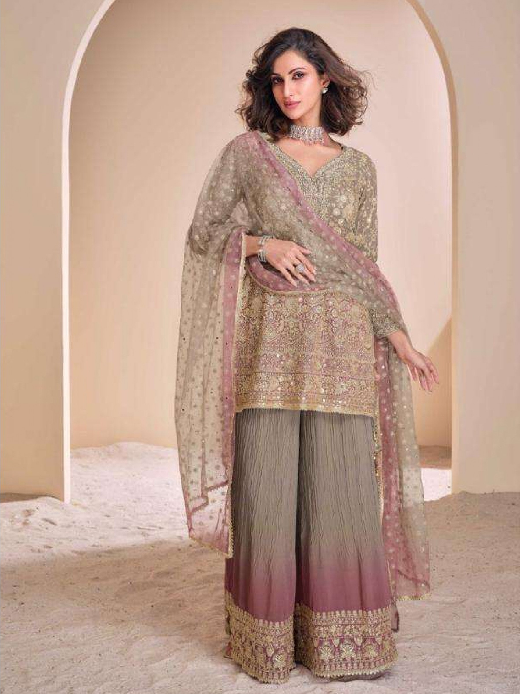 Pure Chinon Silk Party Wear Sharara Beige Color with Embroidery Work