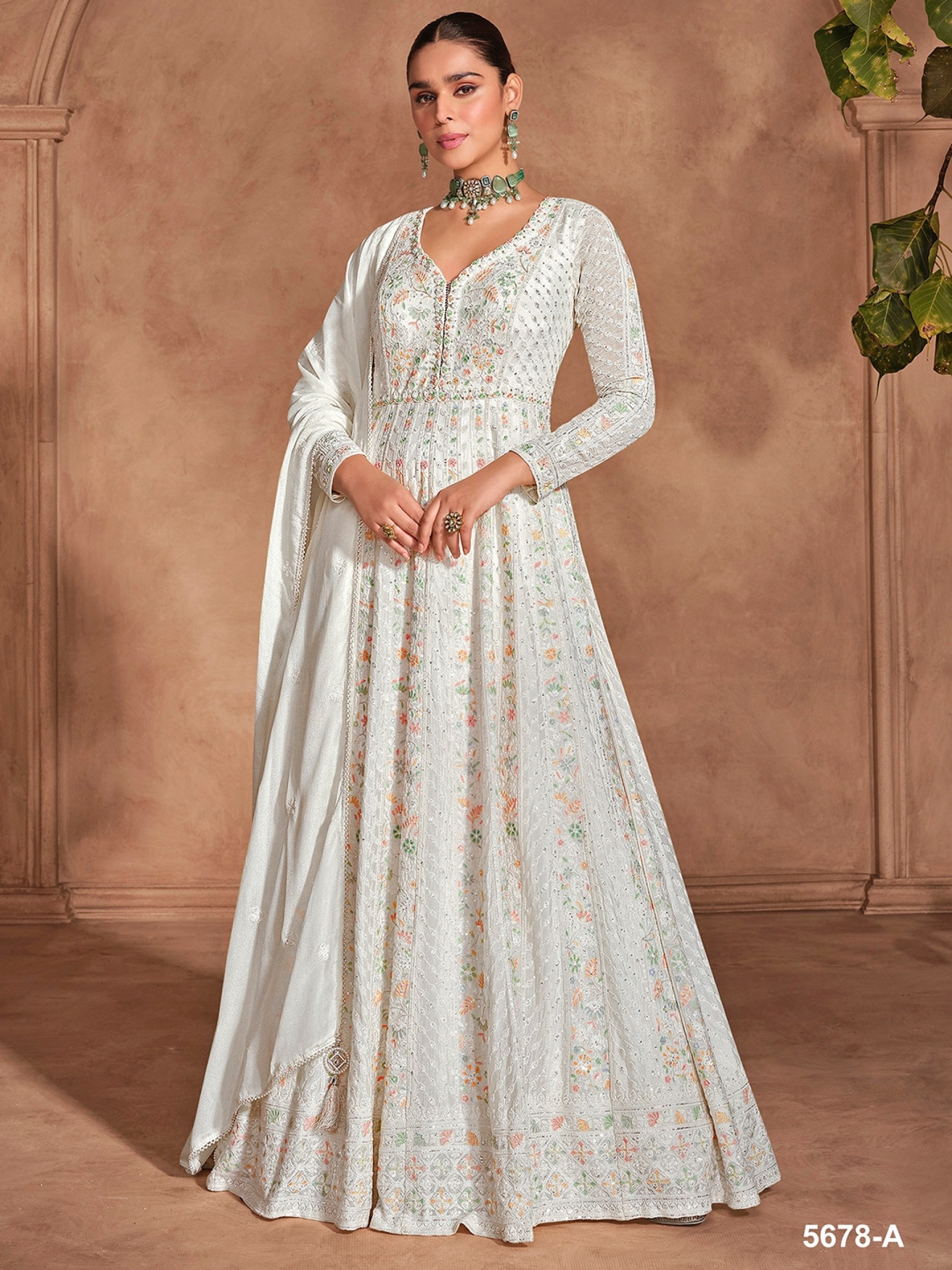 Pure Chinon Party Wear Gown White Color with Embroidery Work