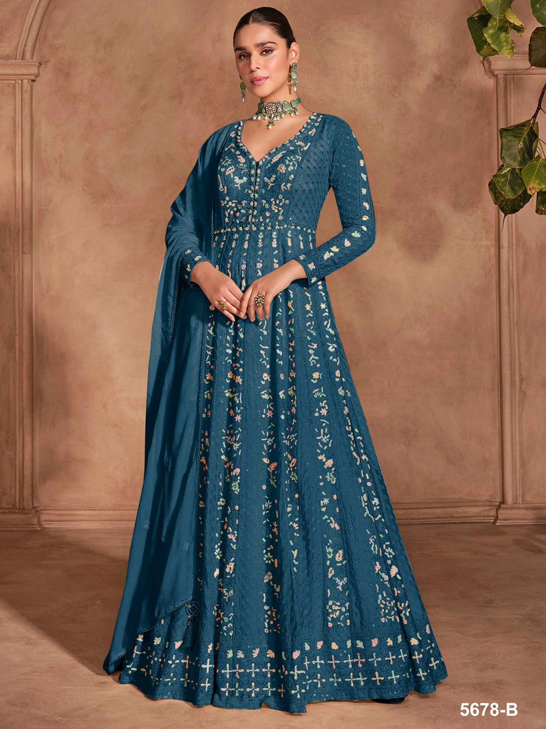 Pure Chinon Party Wear Gown Teal Blue Color with Embroidery Work