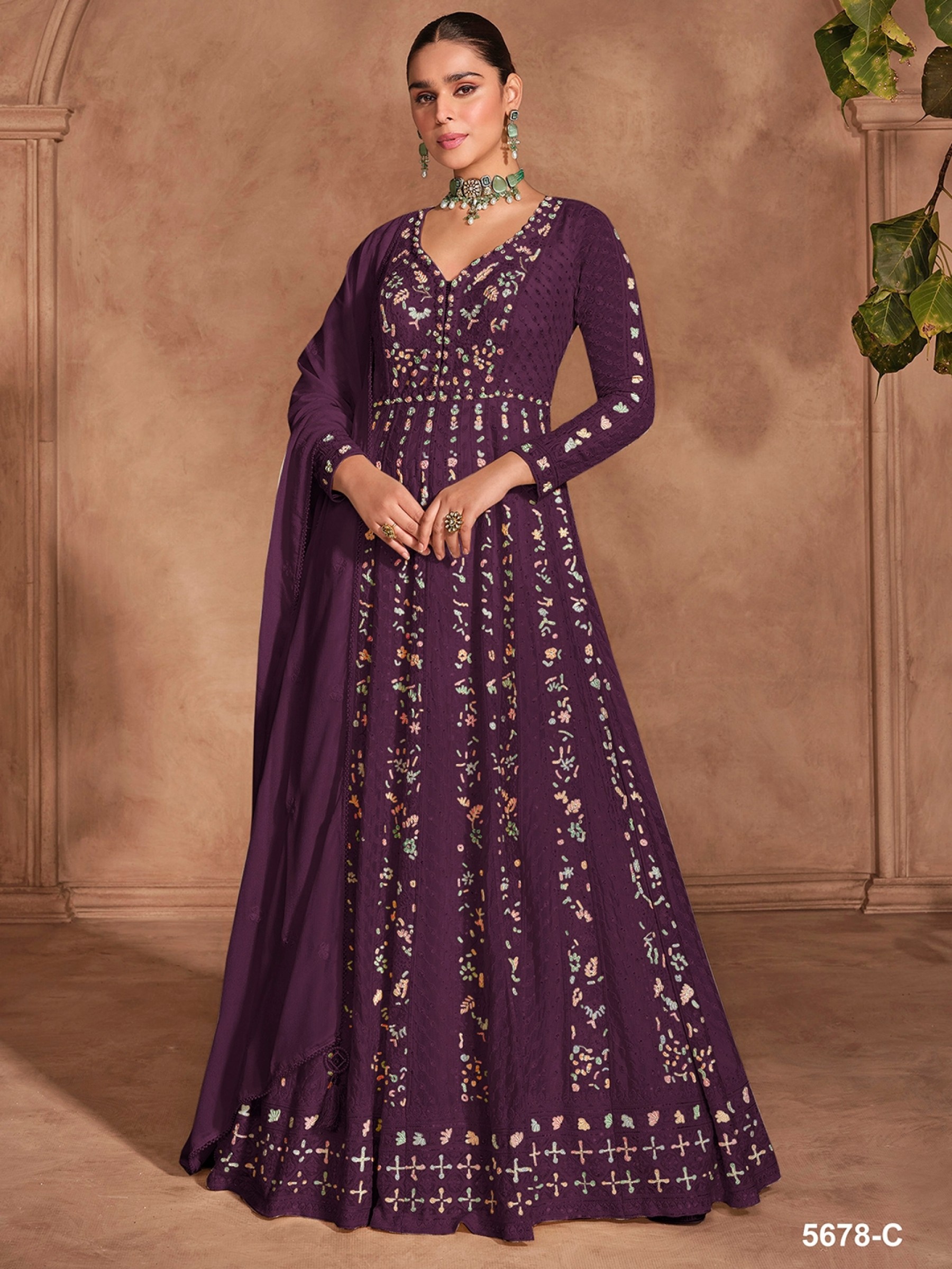 Pure Chinon Party Wear Gown Wine Color with Embroidery Work