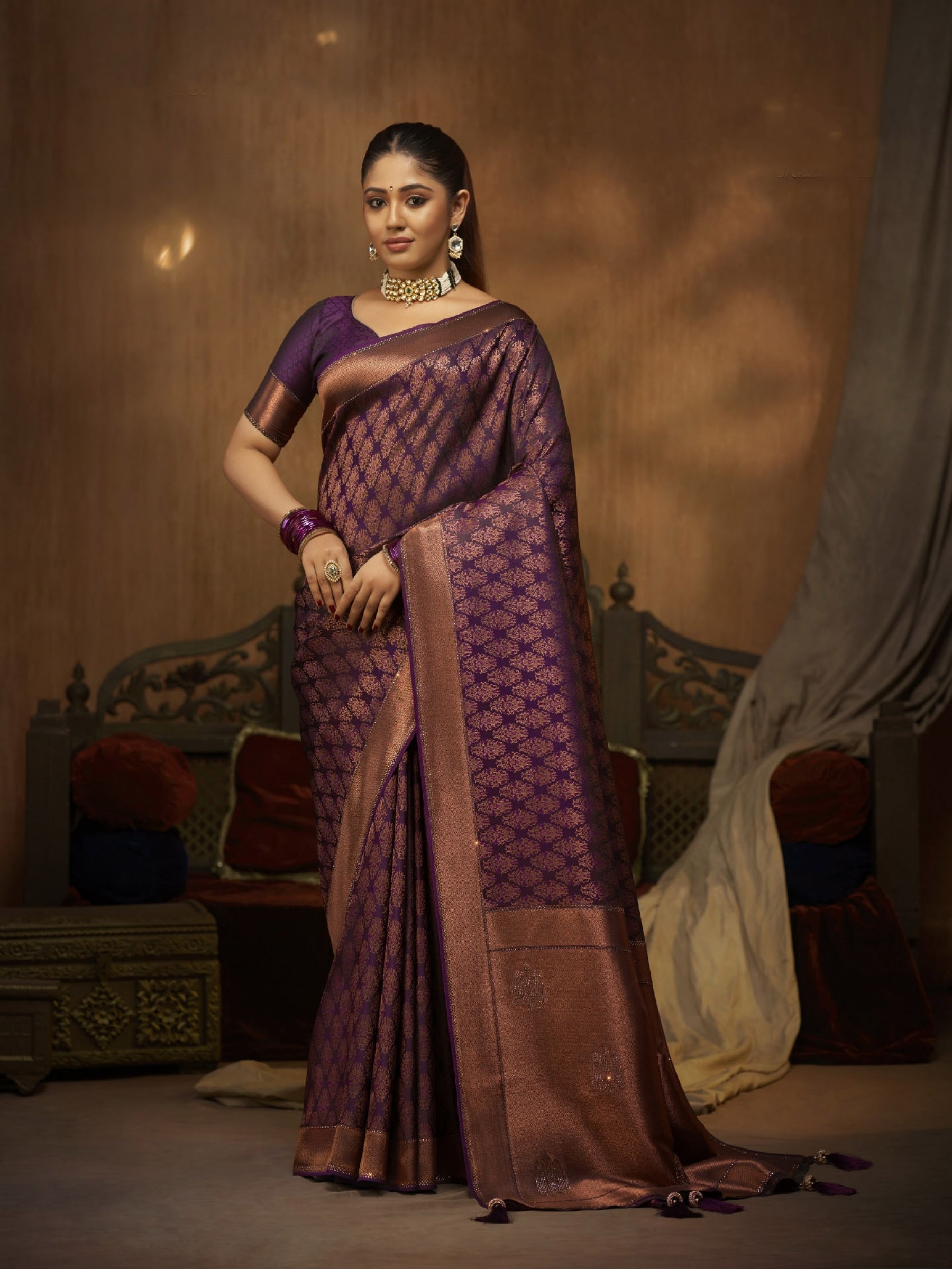 Pure Satin Party wear Saree In Purple Color with Swaroskvi Work 