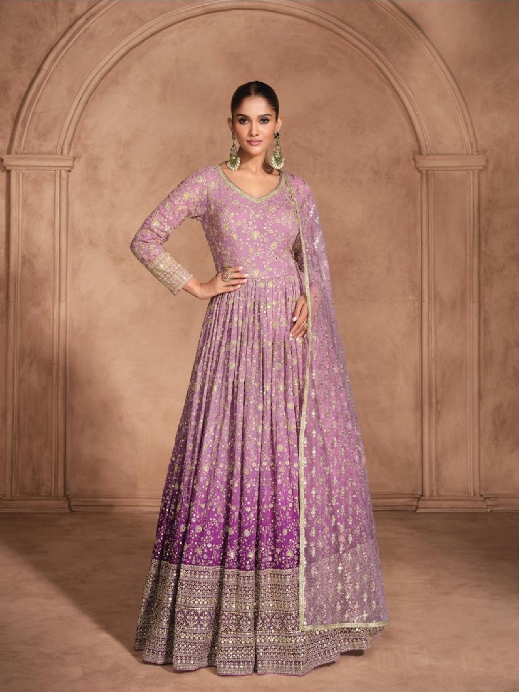 Real Georgette Silk Party Wear Gown Lavender Color with Embroidery Work