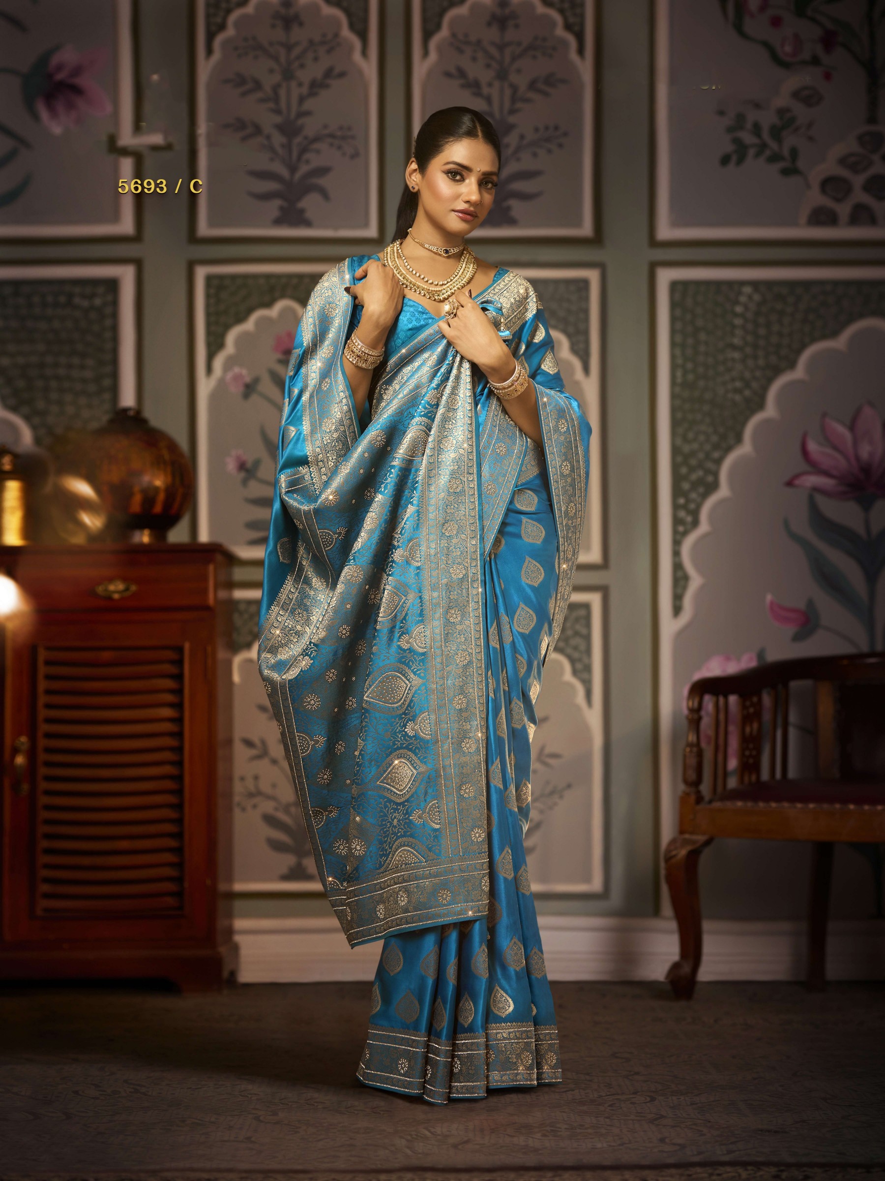Pure Silk Party wear Saree In Sea Blue Color with Swaroskvi Work 