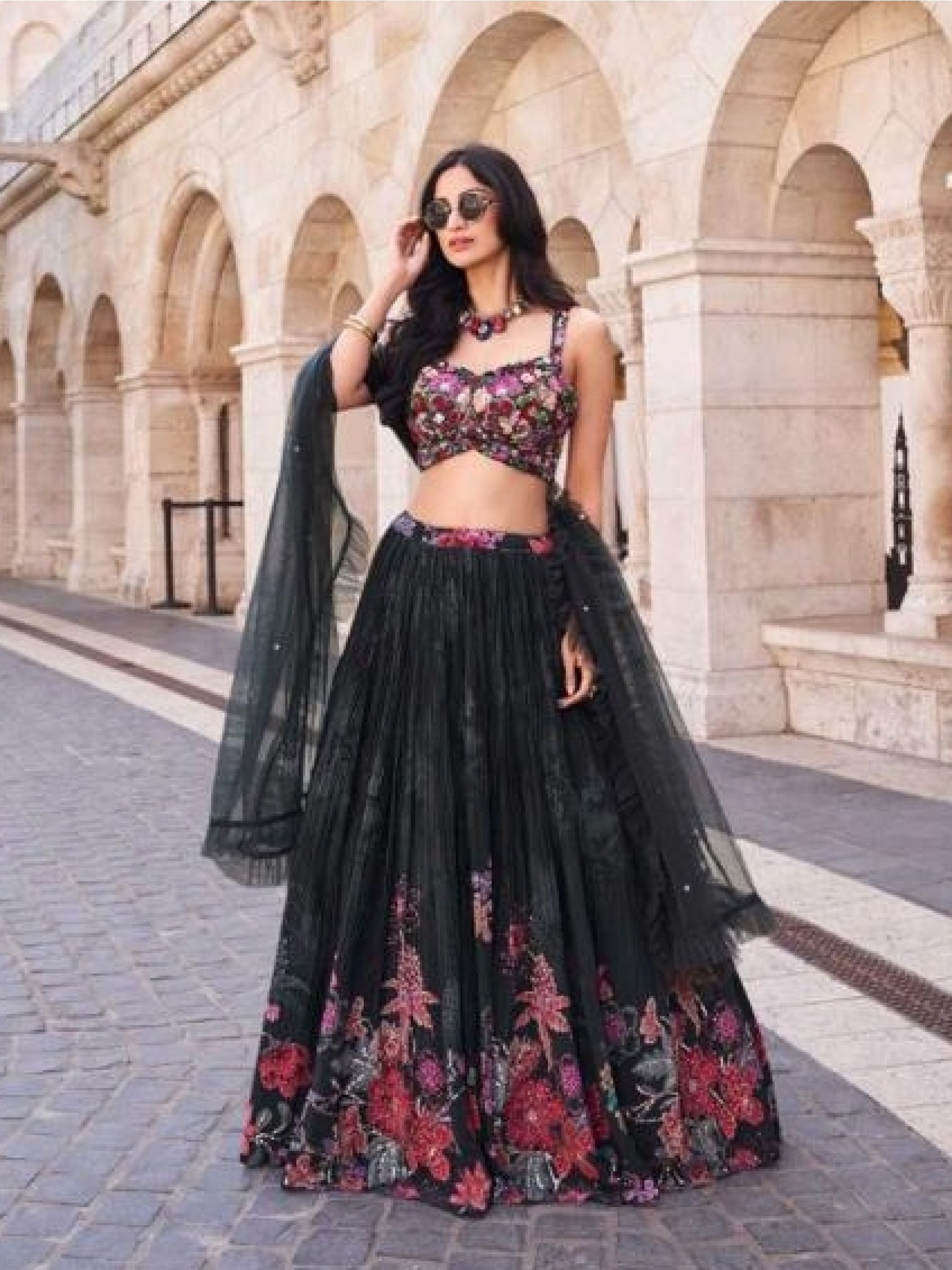Pure Chinon Silk Party Wear Lehenga In Black Color With Embroidery Work