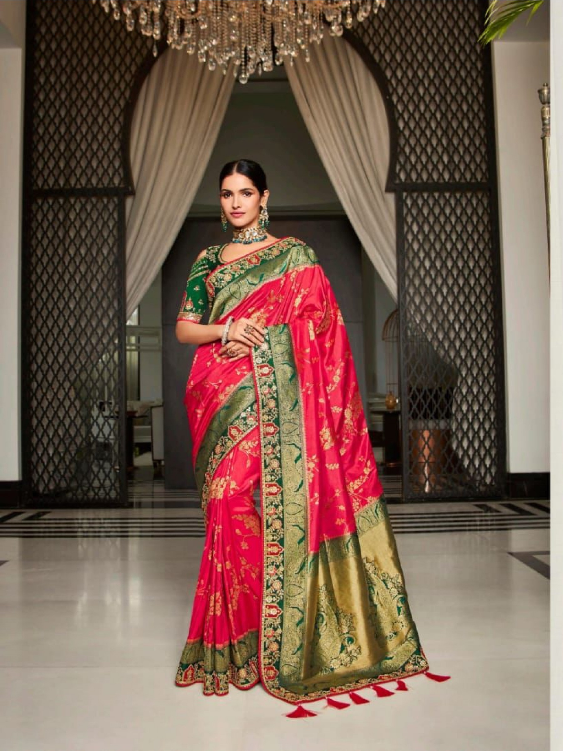Pure Banarasi Silk Saree In Red Color With Embroidery Work