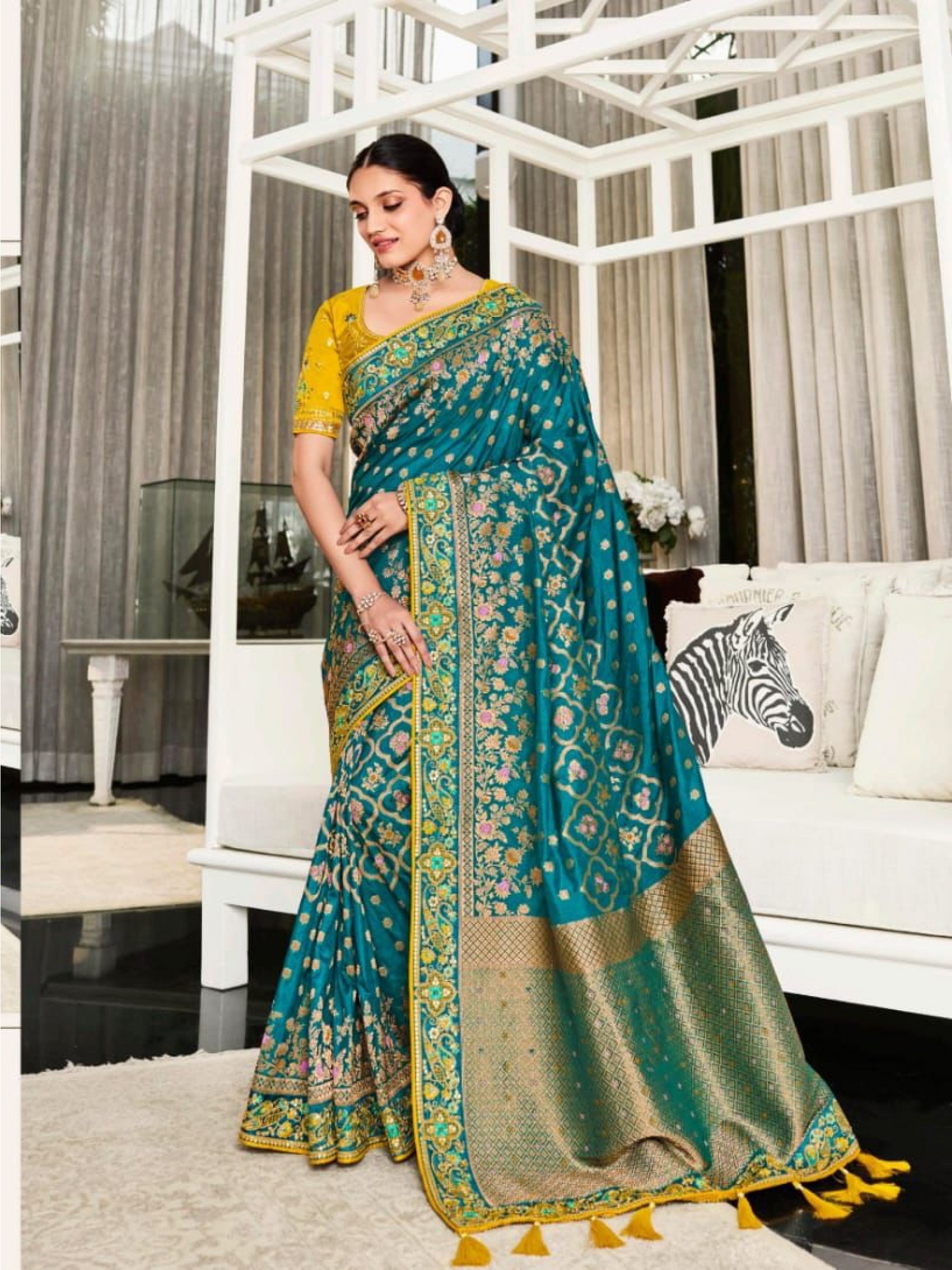 Pure Banarasi Silk Saree In  Teal Blue Color With Embroidery Work