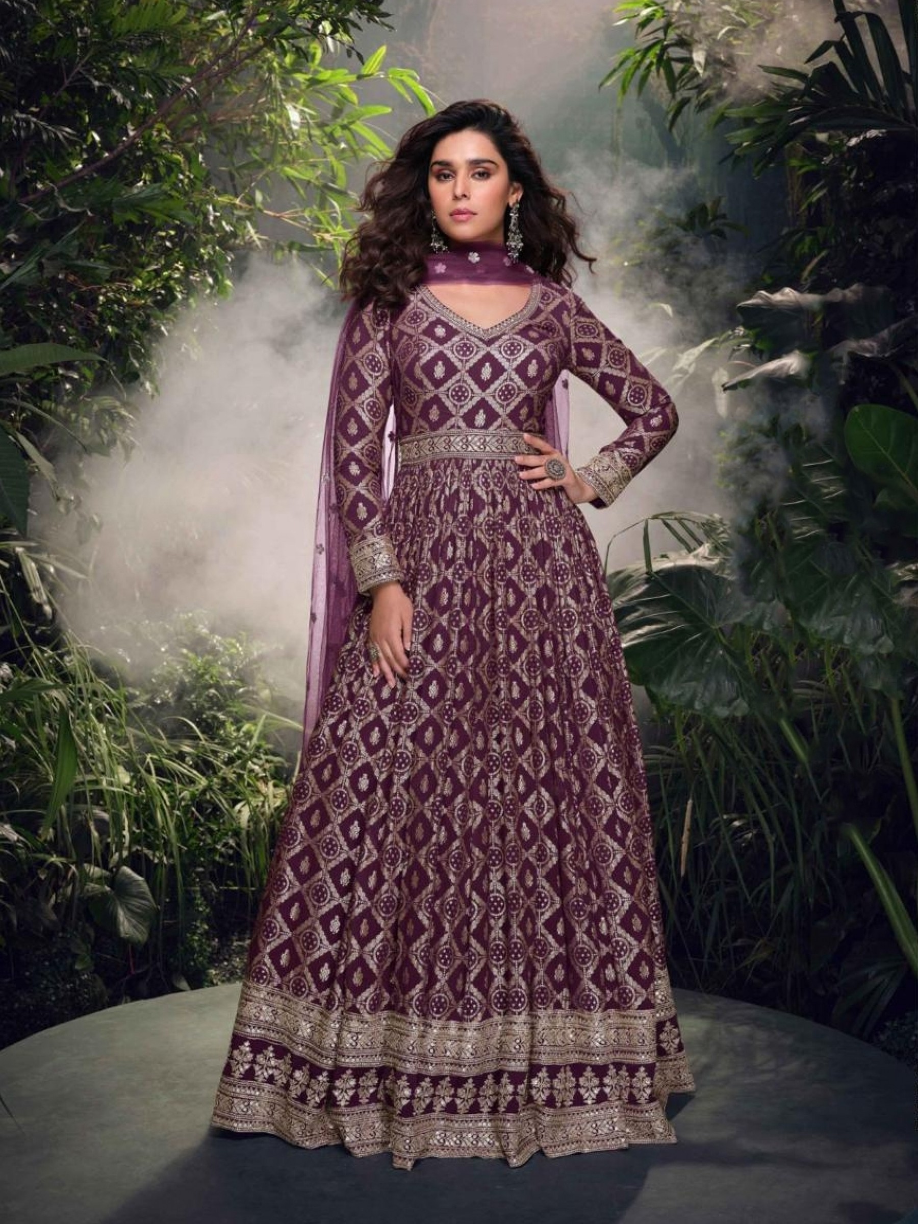 Pure Viscose Jacquared Silk Party Wear Gown Violet Color with Embroidery Work
