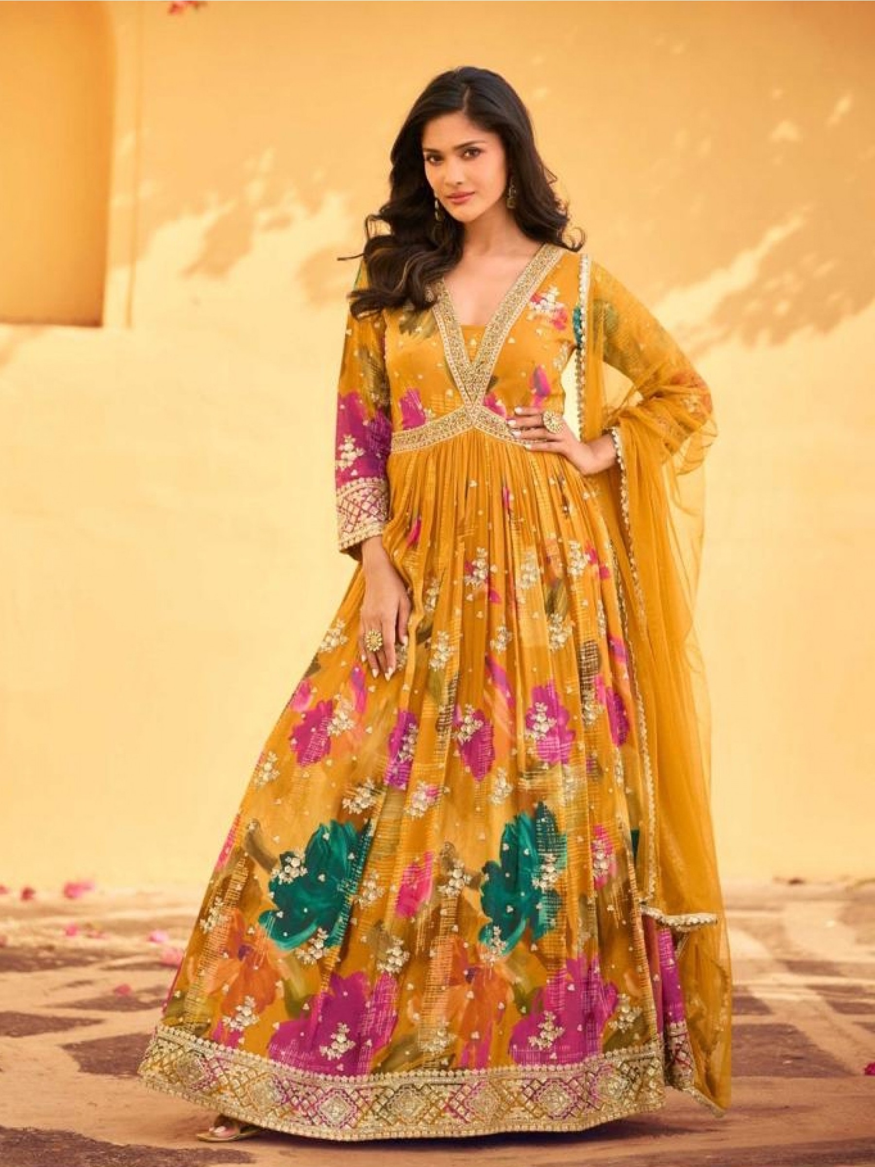Pure Chinon Silk Party Wear Gown Yellow Color with Embroidery Work