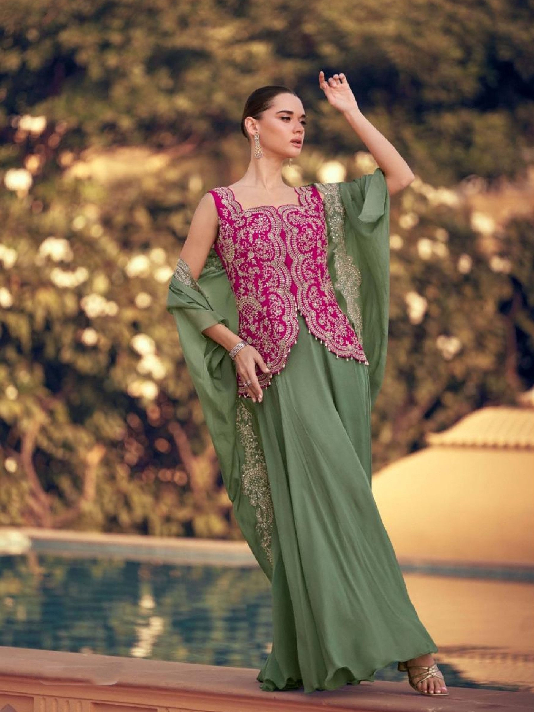 Premium Real Chinon Silk Party Wear Sharara Lime Green & Pink Color with Aari Work
