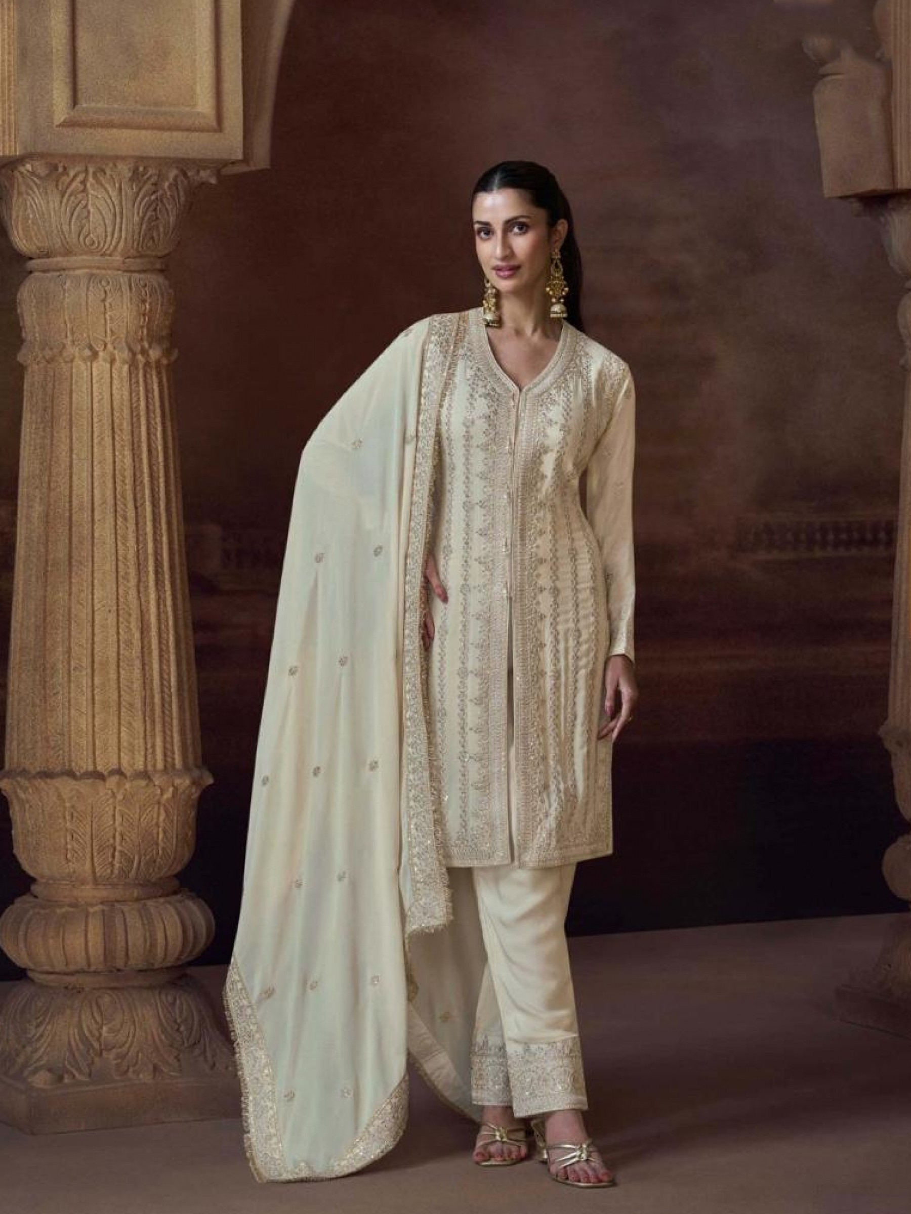 Premium Real Chinon Silk Party Wear Plazo Suit Cream Color with Embroidery Work