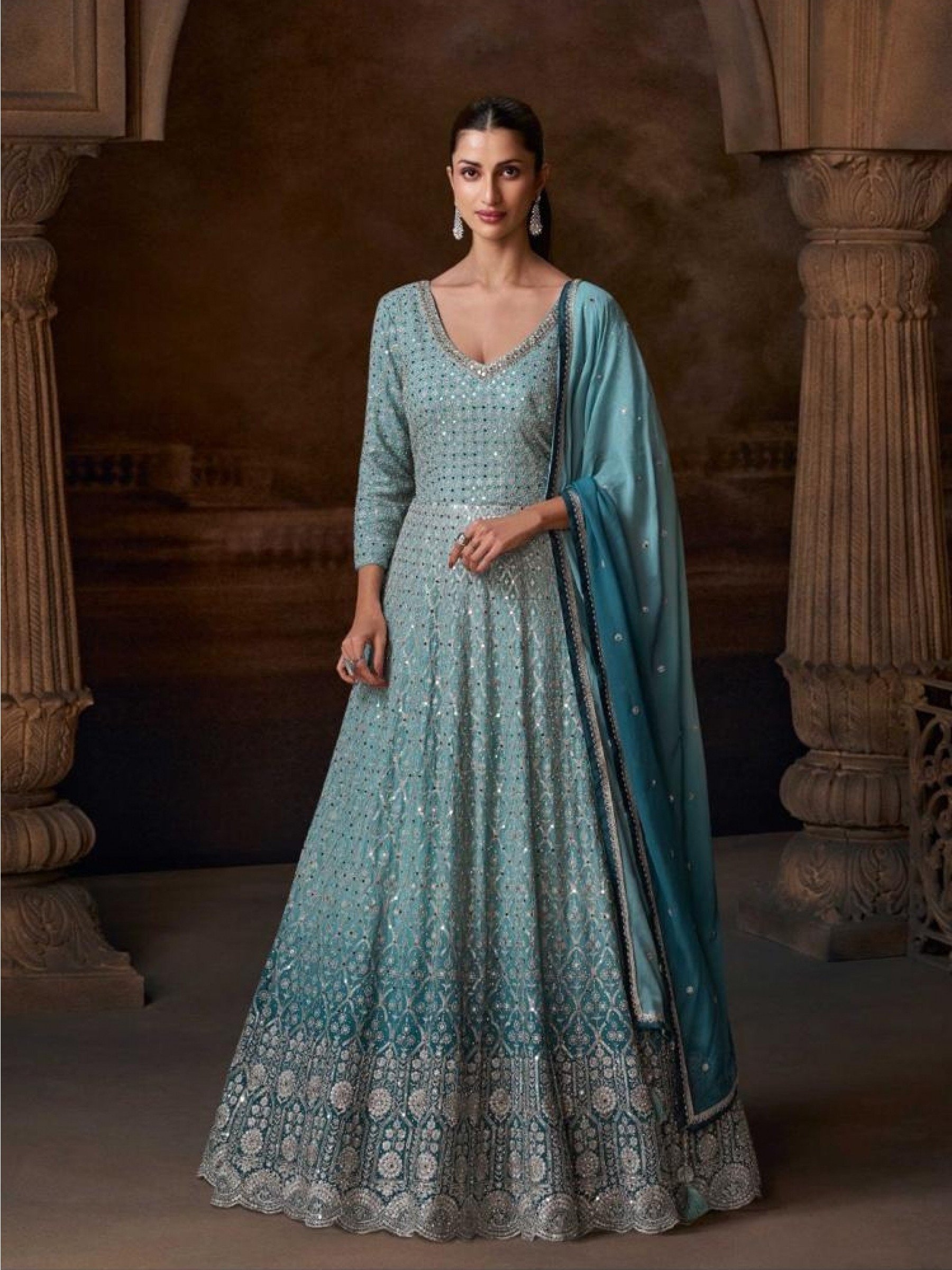 Pure Chinon Silk Party Wear Gown Sky Blue Color with Embroidery Work